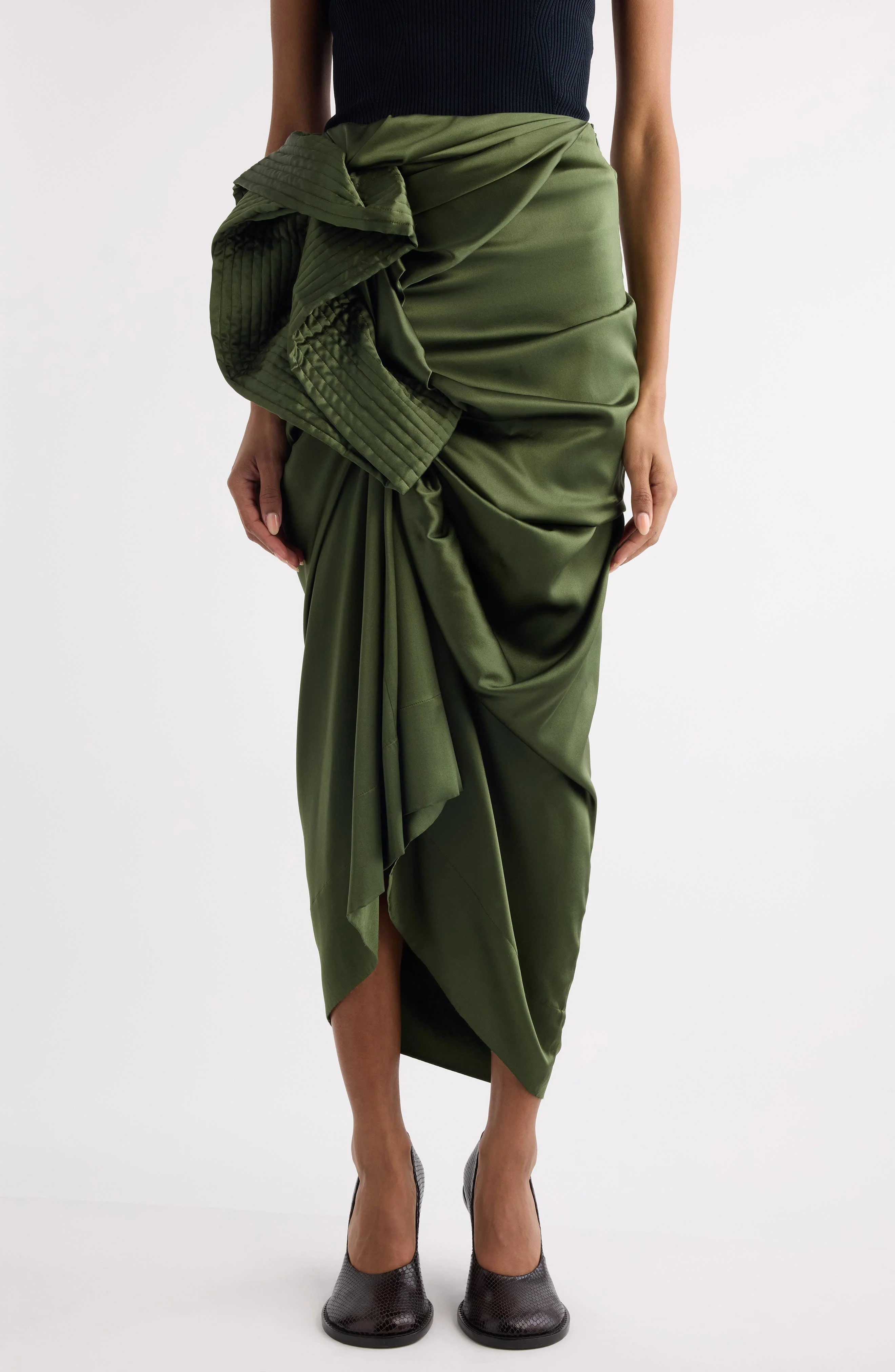 Dries Van Noten Solla Draped Silk Stretch Satin Skirt in Khaki at Nordstrom - 1