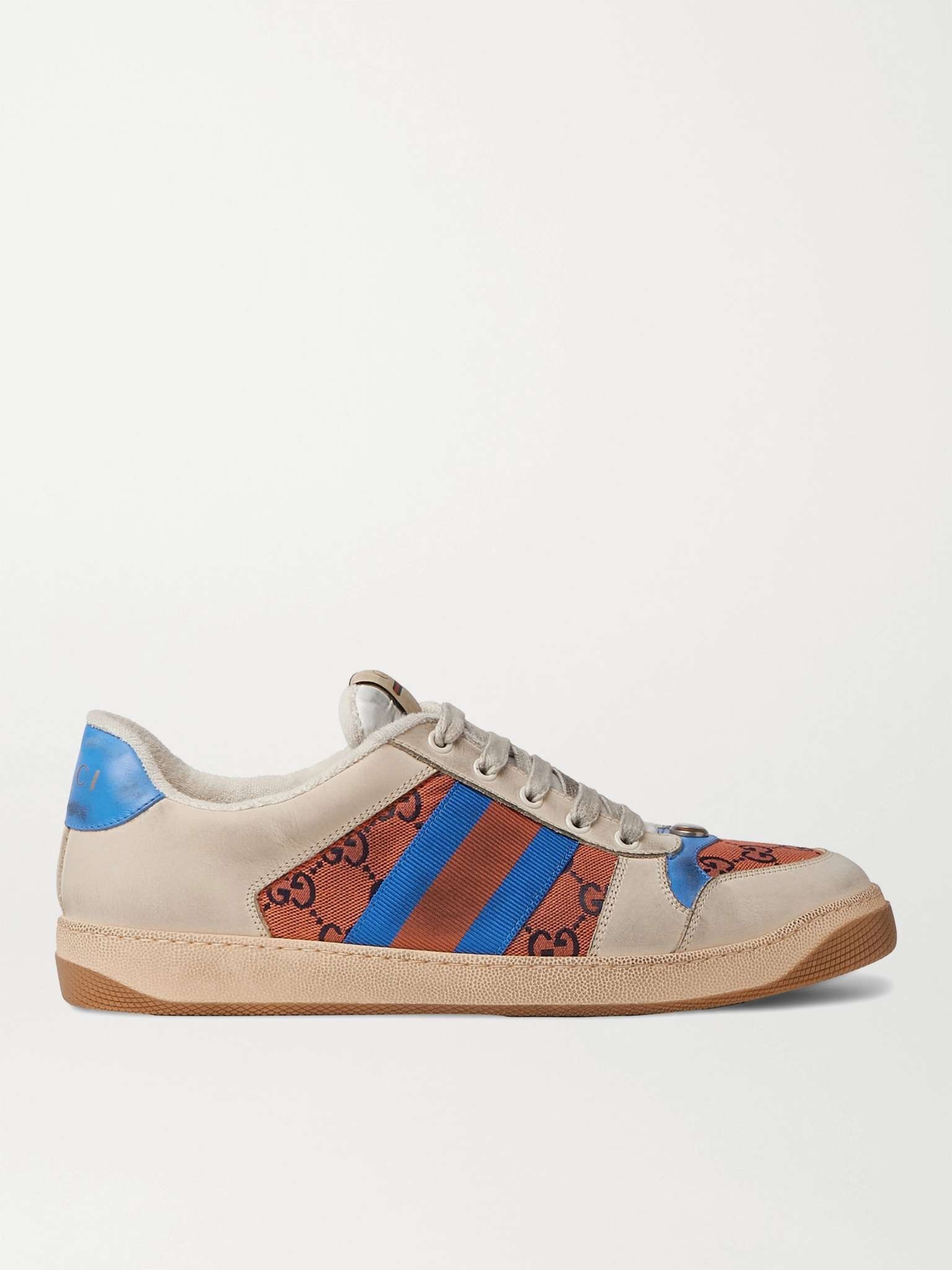 Screener GG Webbing-Trimmed Distressed Leather and Printed Canvas Sneakers - 1