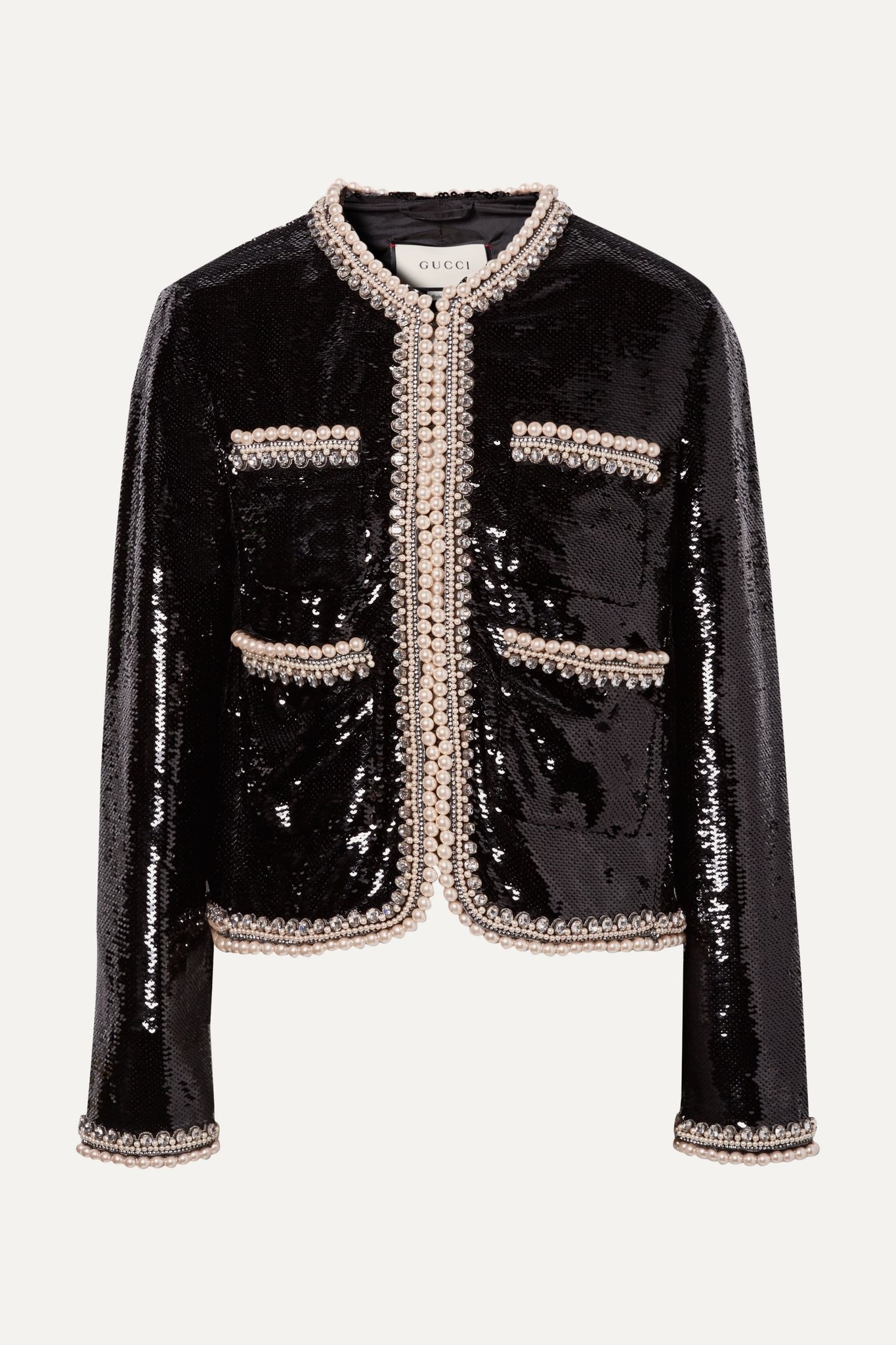 Faux pearl and crystal-trimmed sequined crepe jacket  - 1