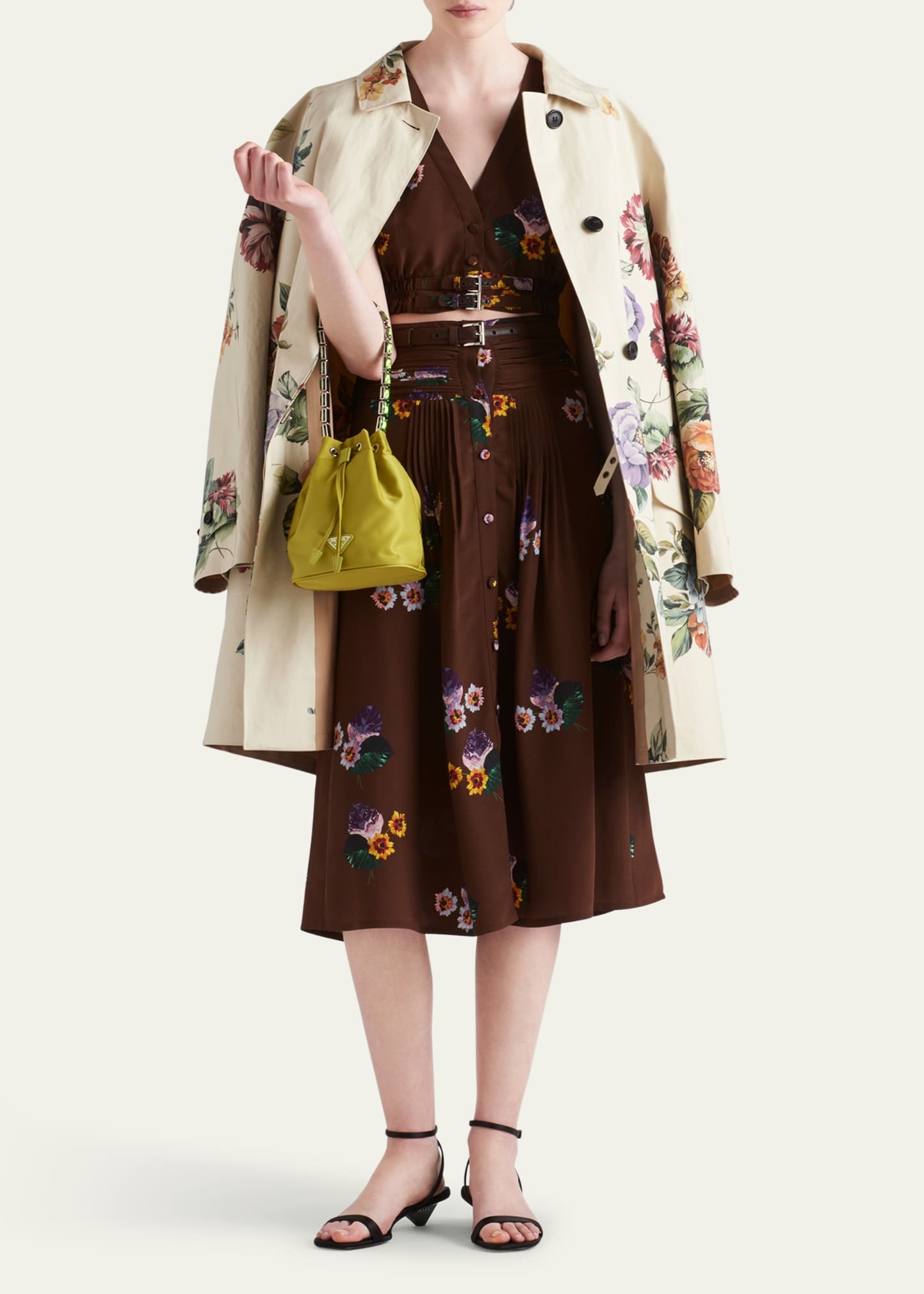 Floral Drape-Waist Leather Belted Midi Skirt - 2