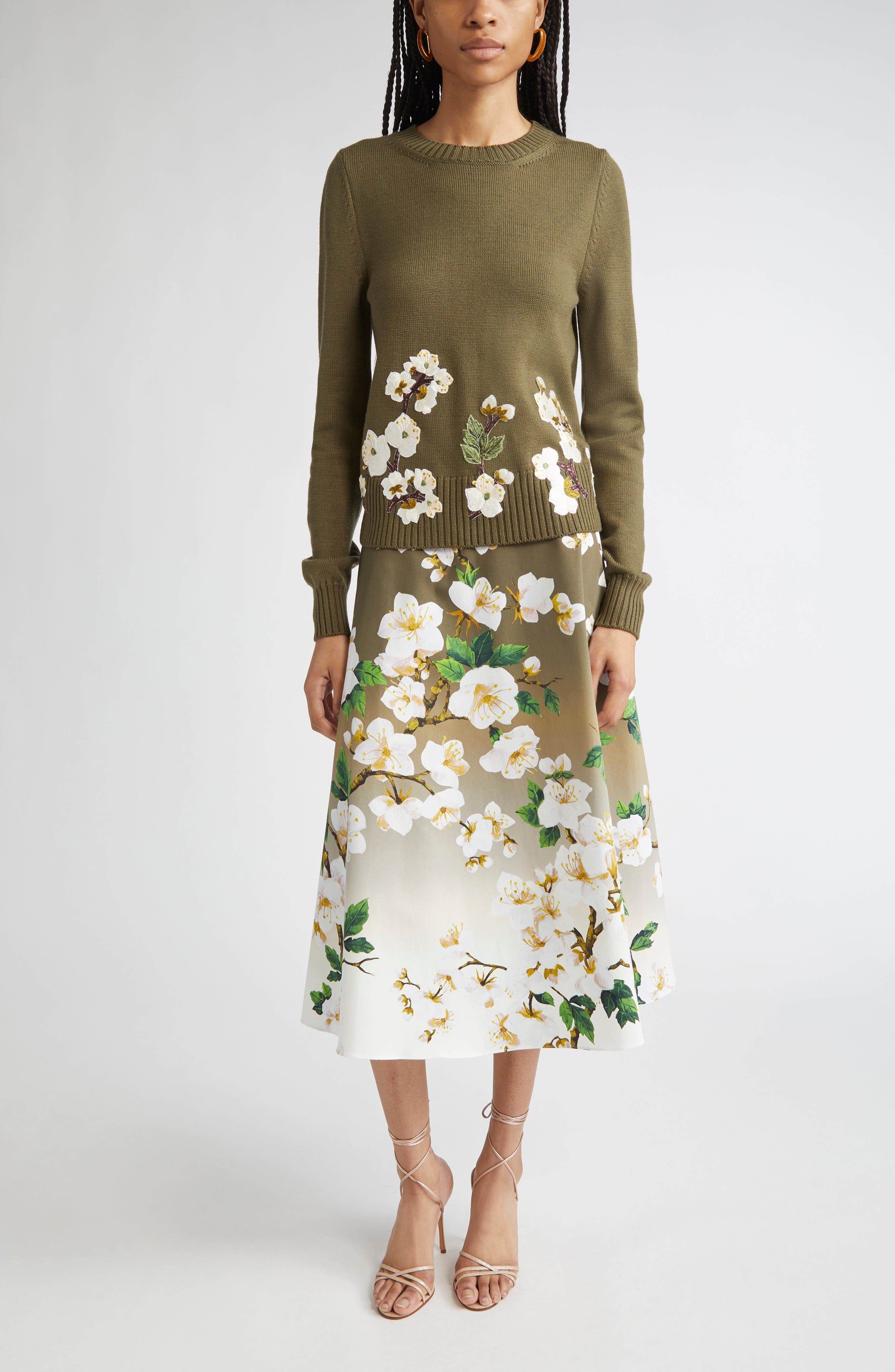 Oscar de la Renta Cherry Blossom Dégradé Poplin Midi Skirt in White Khaki Ombre at Nordstrom - 7