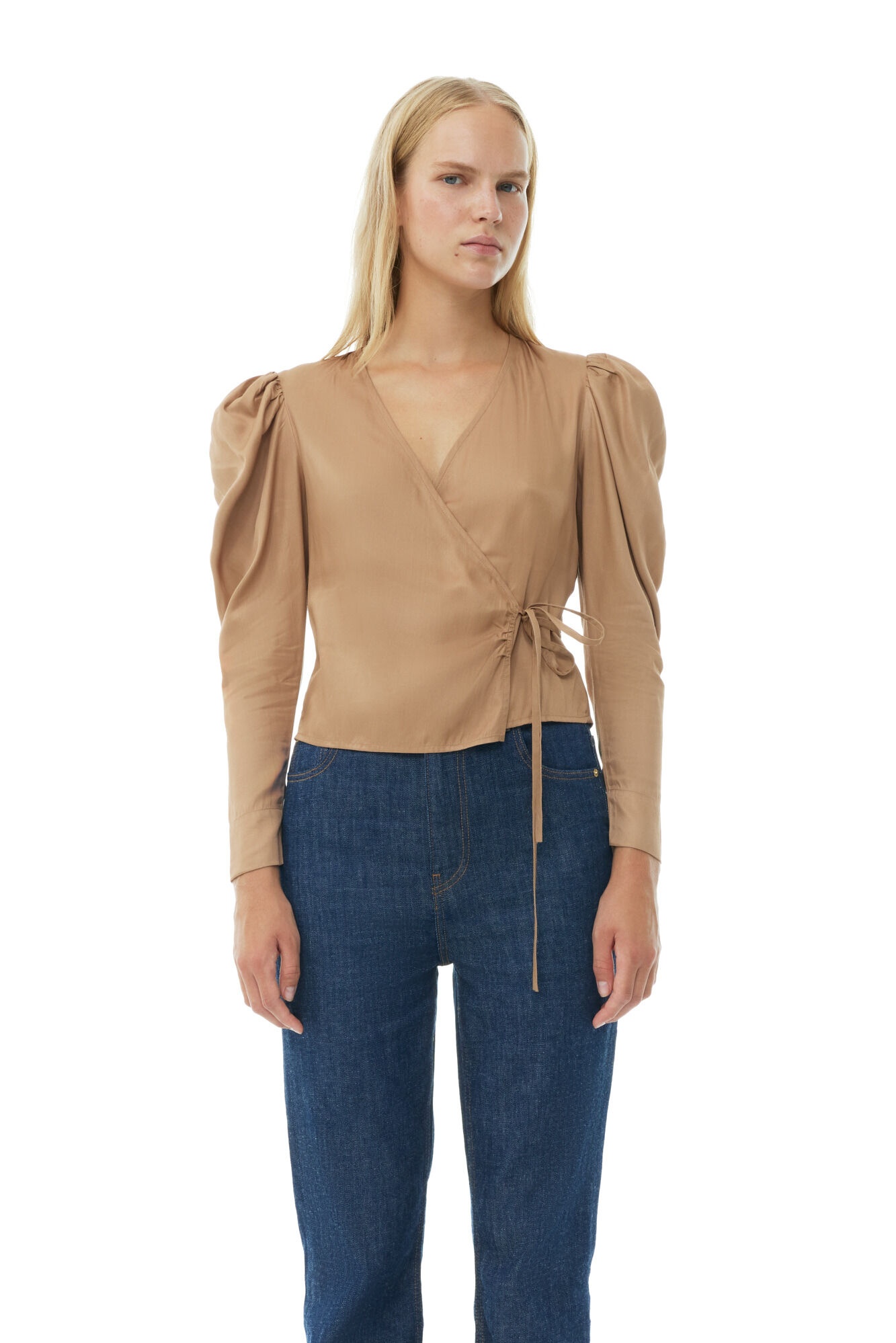 BROWN TWILL WRAP BLOUSE - 2