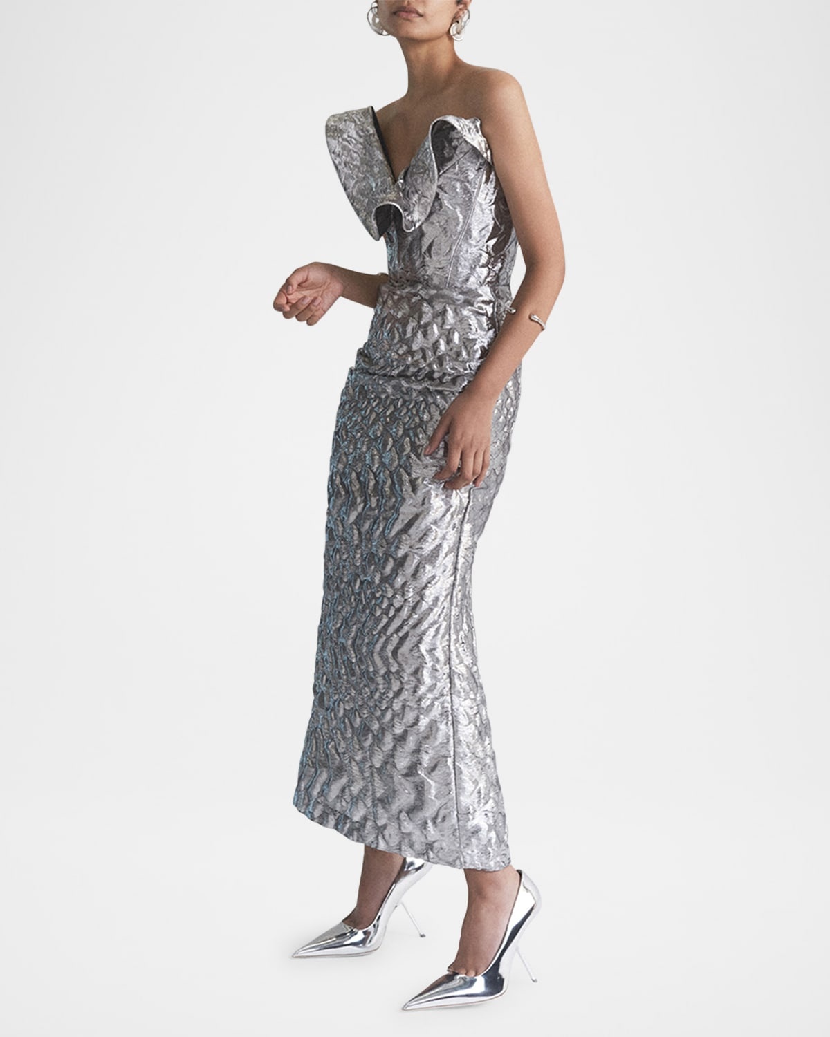Requiem Strapless Ruffle Metallic Midi Dress - 4