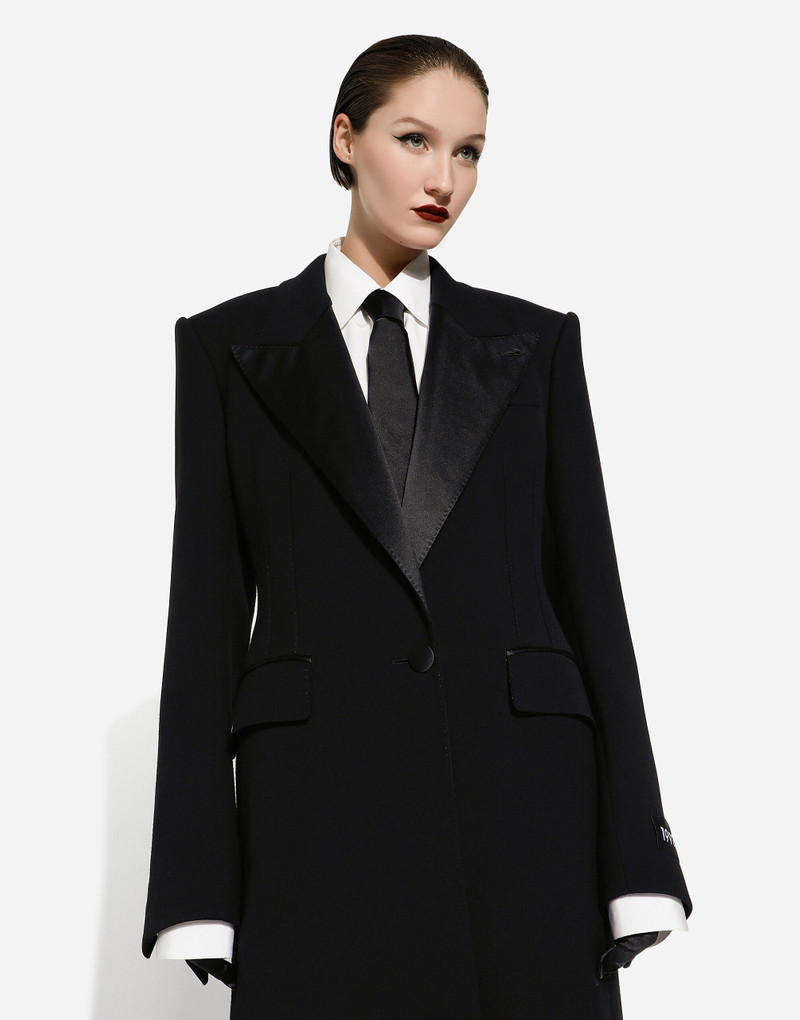 Long single-breasted wool tuxedo coat 5