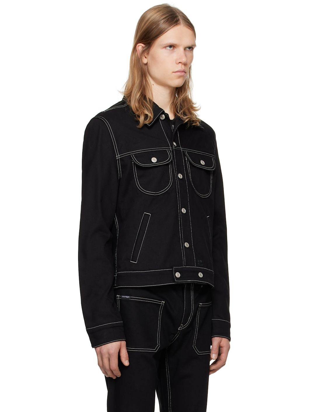Black Topstitched Denim Trucker Jacket - 2