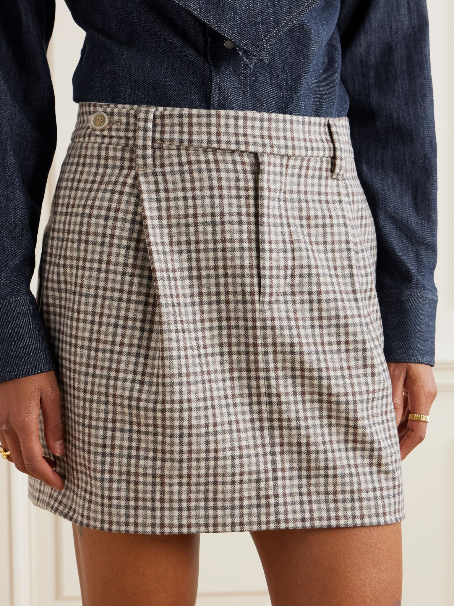 Pleated checked wool mini skirt Beige - 3