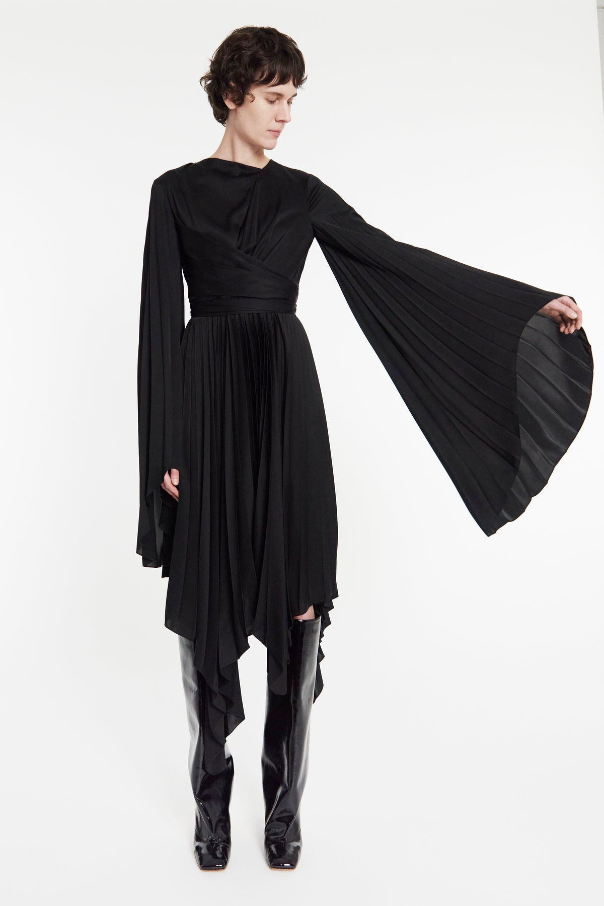 WRAP AROUND MIDI DRESS WITH PLEATED SKIRT & SLEEVES BLACK - 3