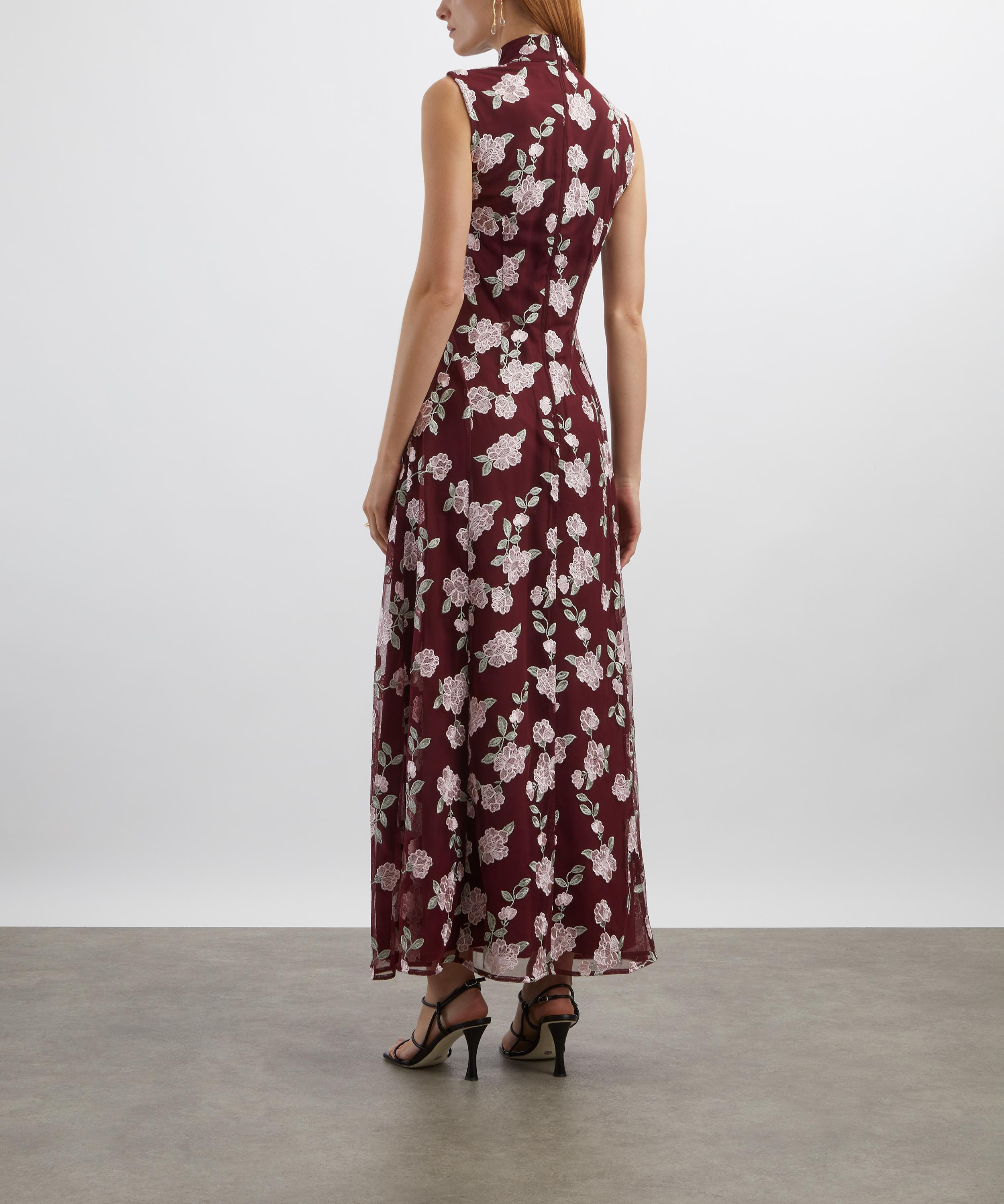 Sleeveless Bordeaux Flower Print Maxi Dress - 4