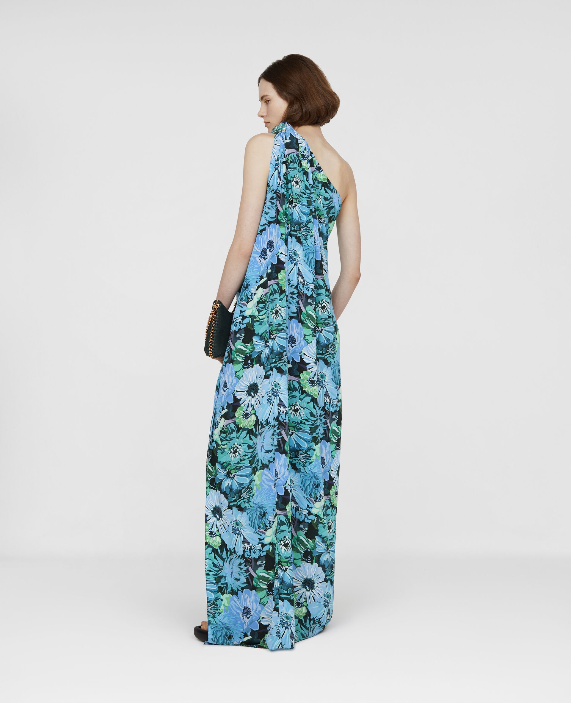 One Shoulder Painted Floral Print Silk Dress - 3