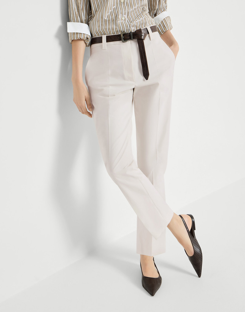 Stretch twisted cotton twill cigarette trousers with monili 5
