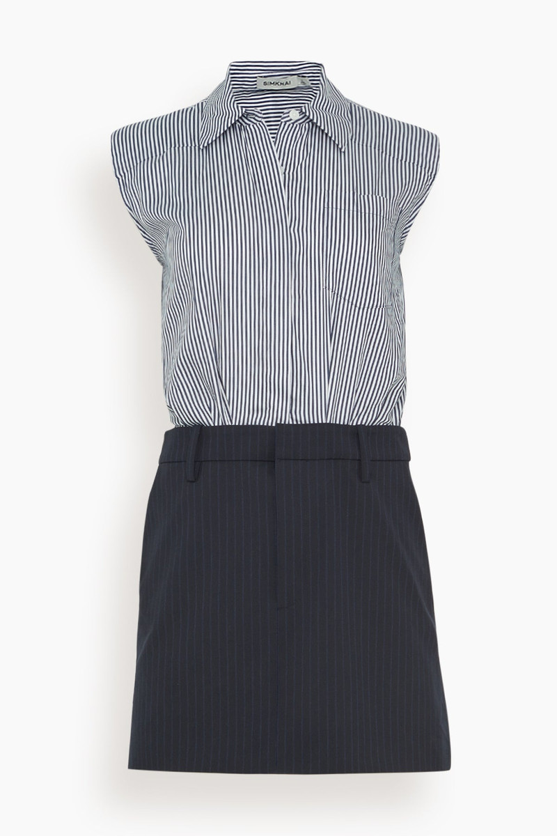 Graham Sleeveless Shirting Combo Mini Dress in Midnight Pinstripe Multi - 1