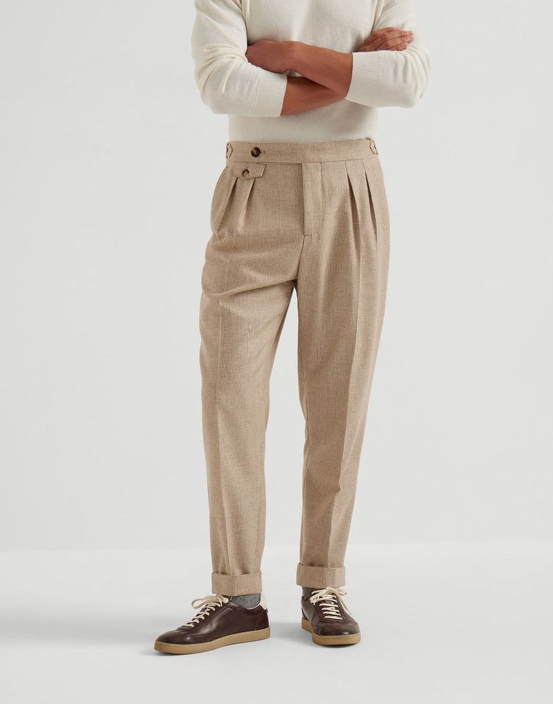 Cashmere and silk houndstooth tailor fit trousers with double pleats and waist tabs 1