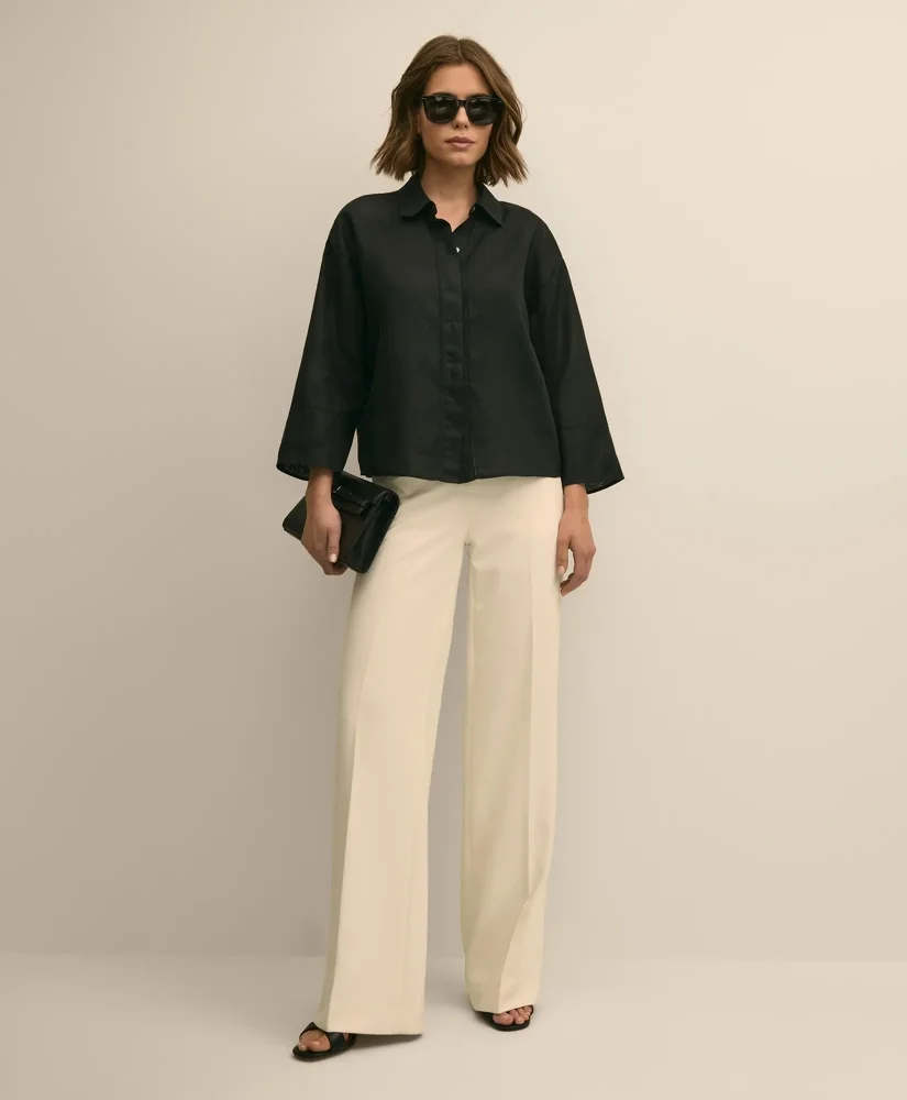 Linen Relaxed Bell-Sleeve Cropped Shirt - 1