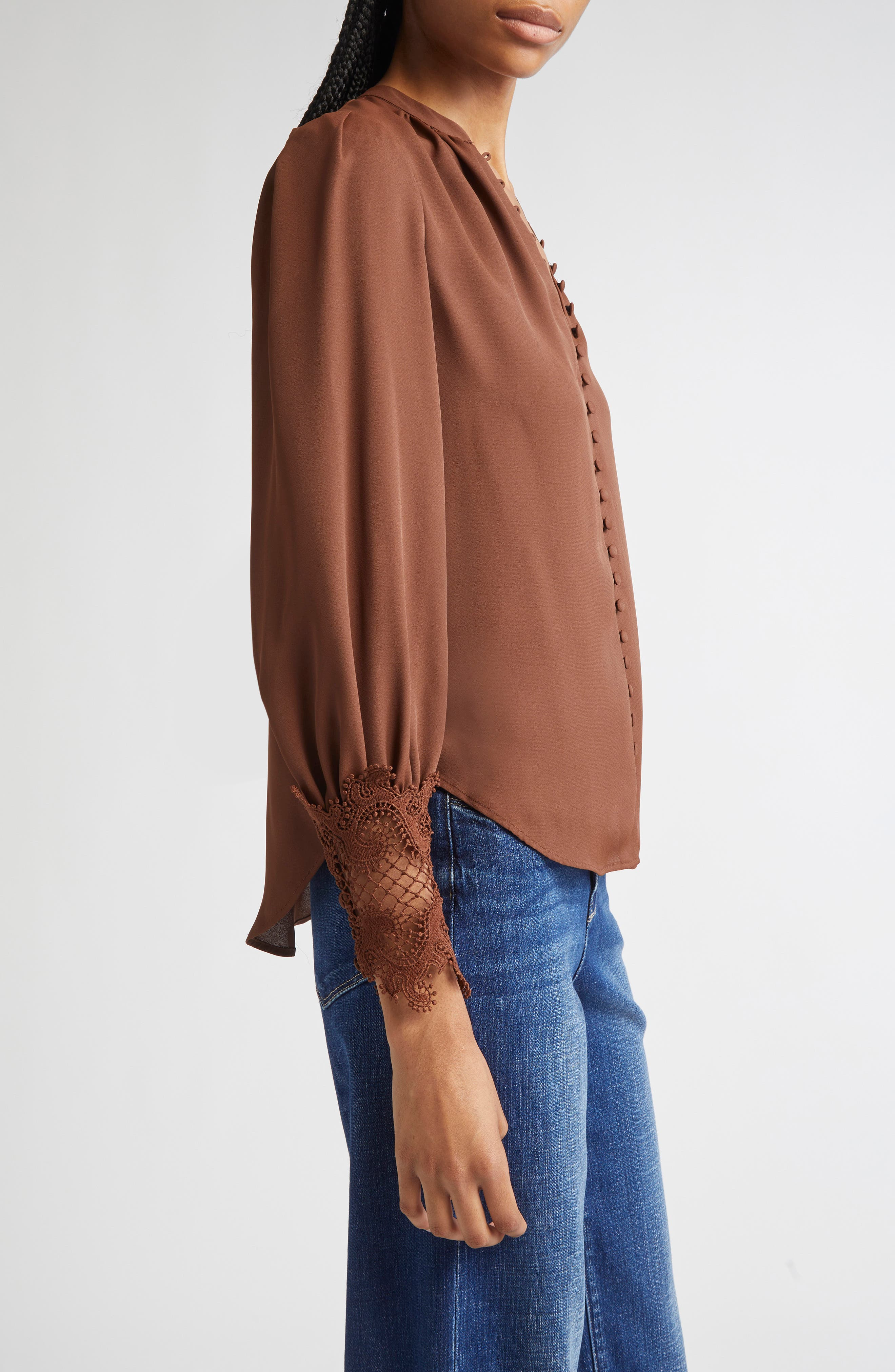 L'AGENCE Ava Lace Cuff Button-Up Blouse in Hot Fudge at Nordstrom - 4