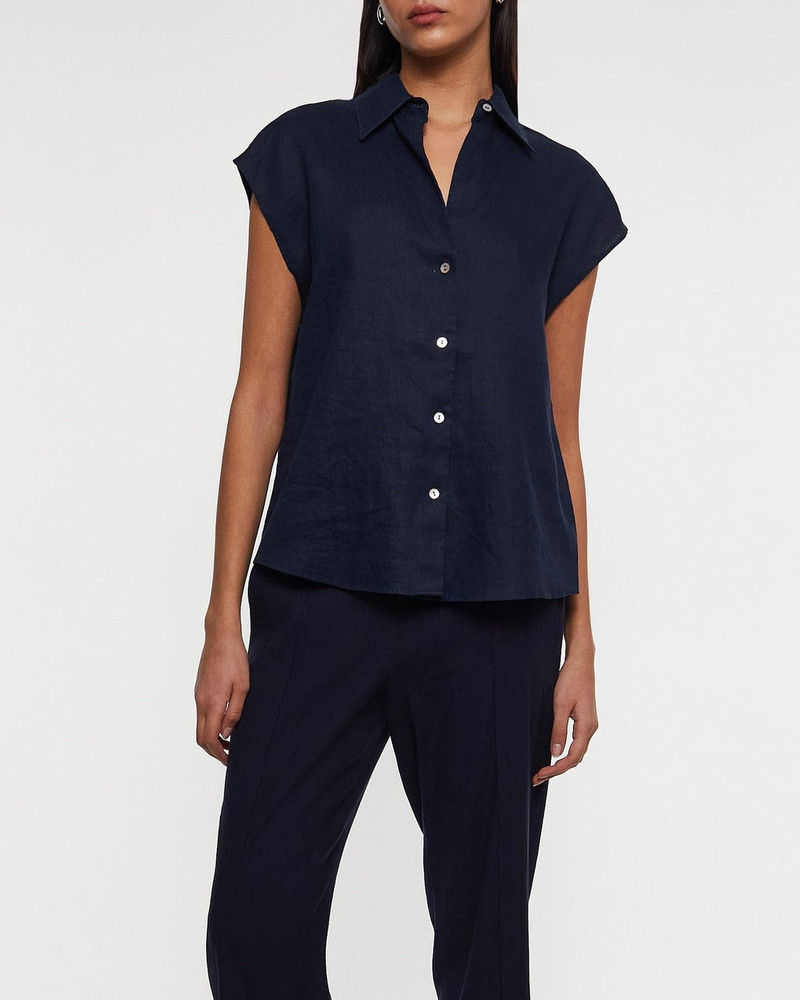 Vince Blouse Linen Cap-Sleeve Button-Front Blue outlook