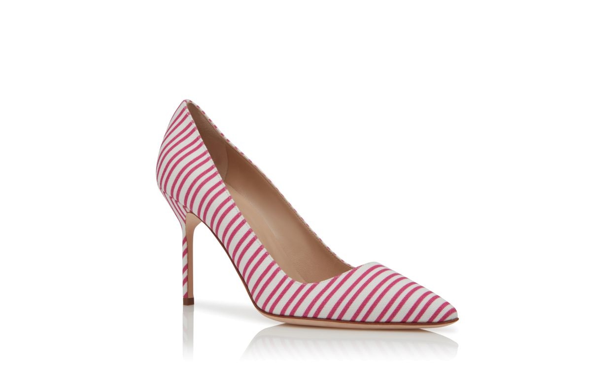 Pink Cotton Striped Pointed Toe Pumps - 3