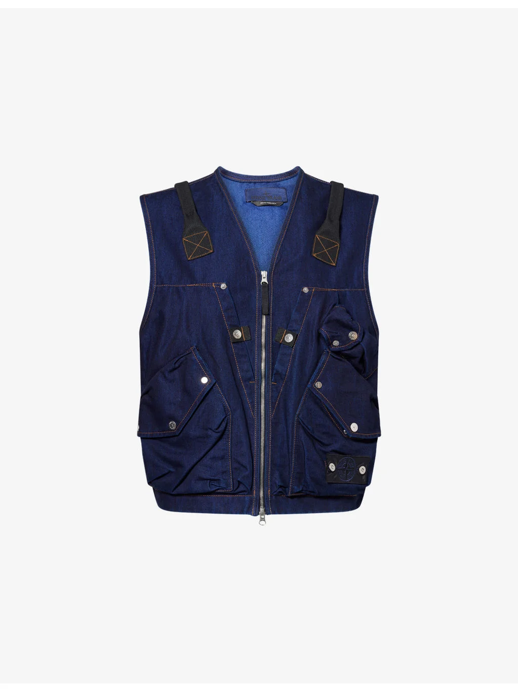 Compass Badge Indigo Denim Utility Vest - 1