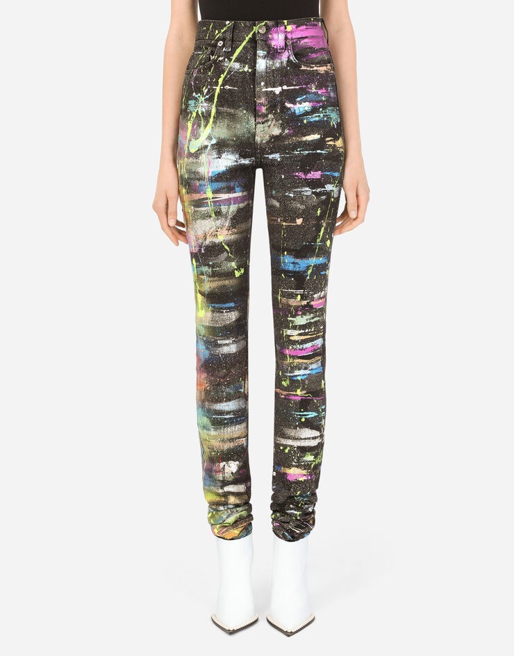 Dripping-print jeans with draping - 1