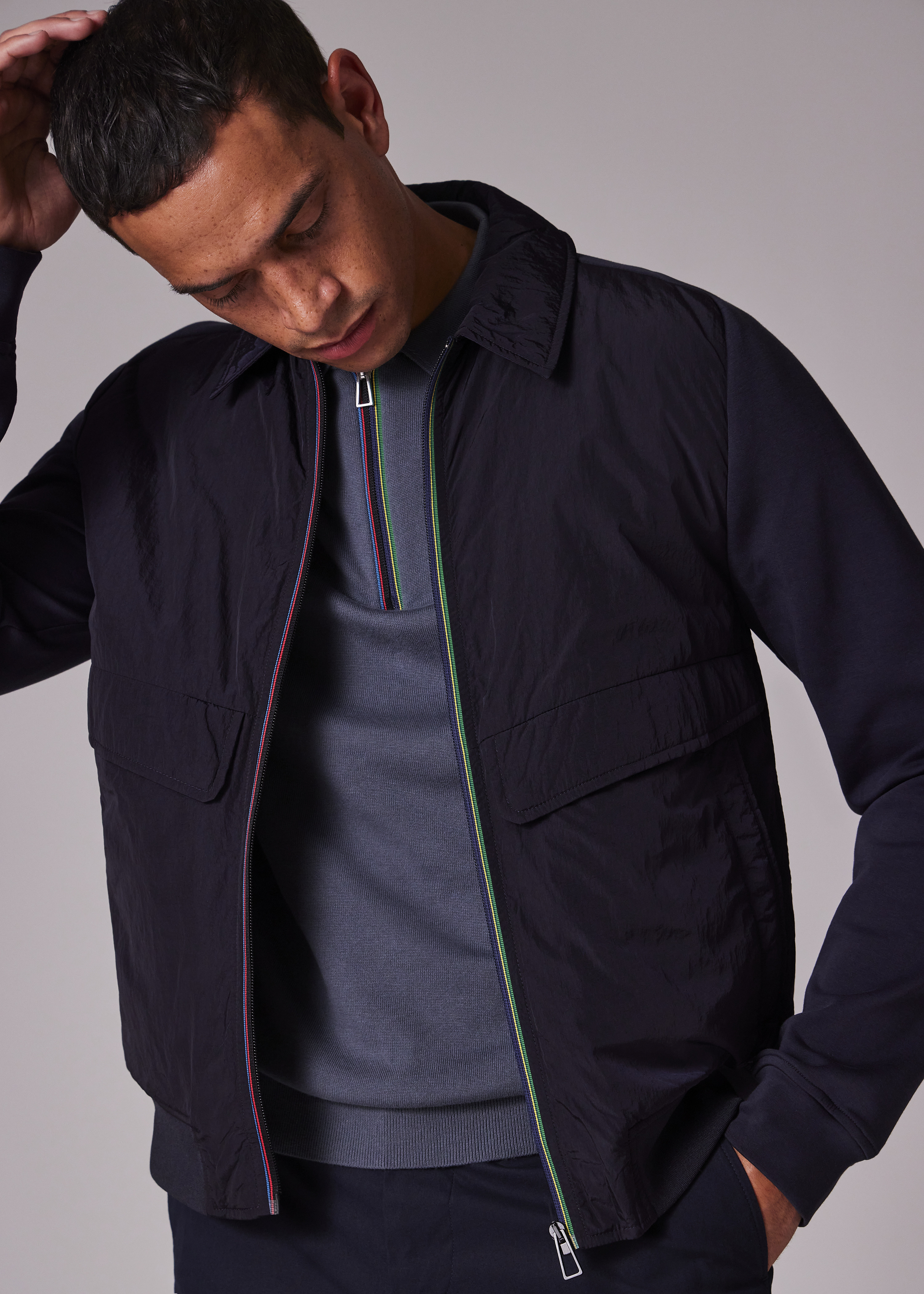 Navy Recycled-Nylon Mixed Media Short Jacket - 7