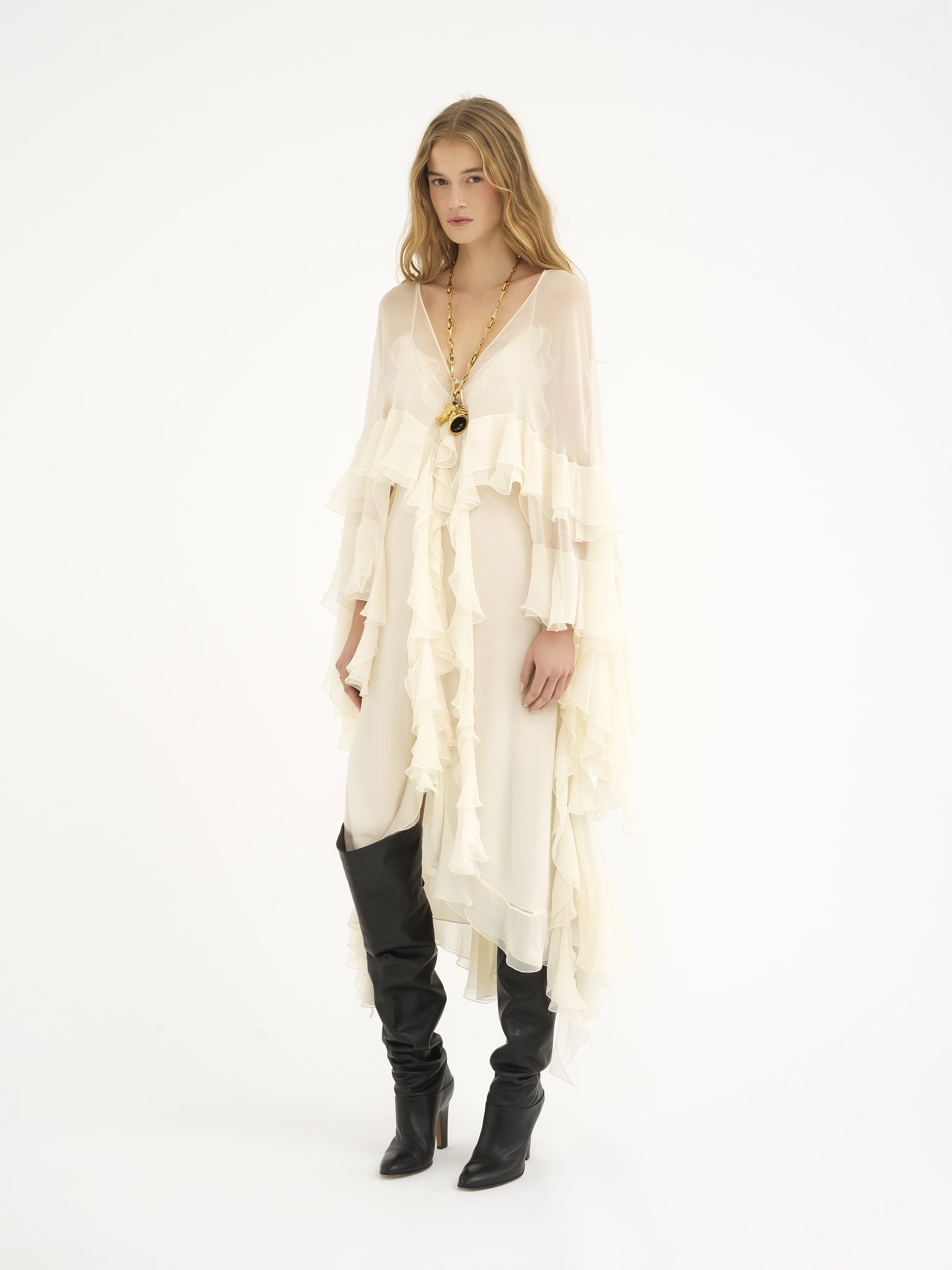 LONG RUFFLED DRESS IN SILK MOUSSELINE - 4
