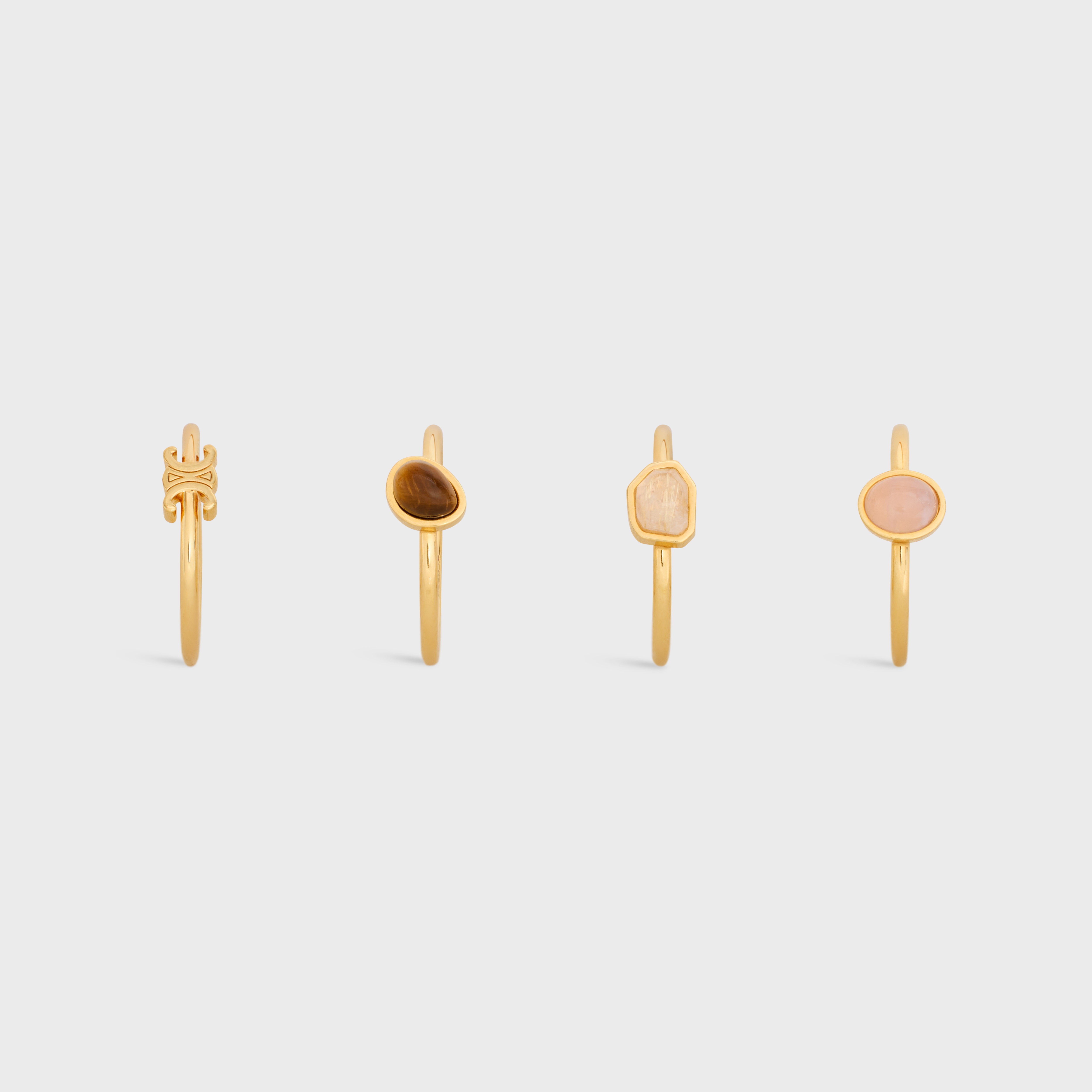 Triomphe Indie Set of 4 Rings in Brass with Gold Finish, Rutilated Quartz, Pink Quartz and Tiger Eye - 3