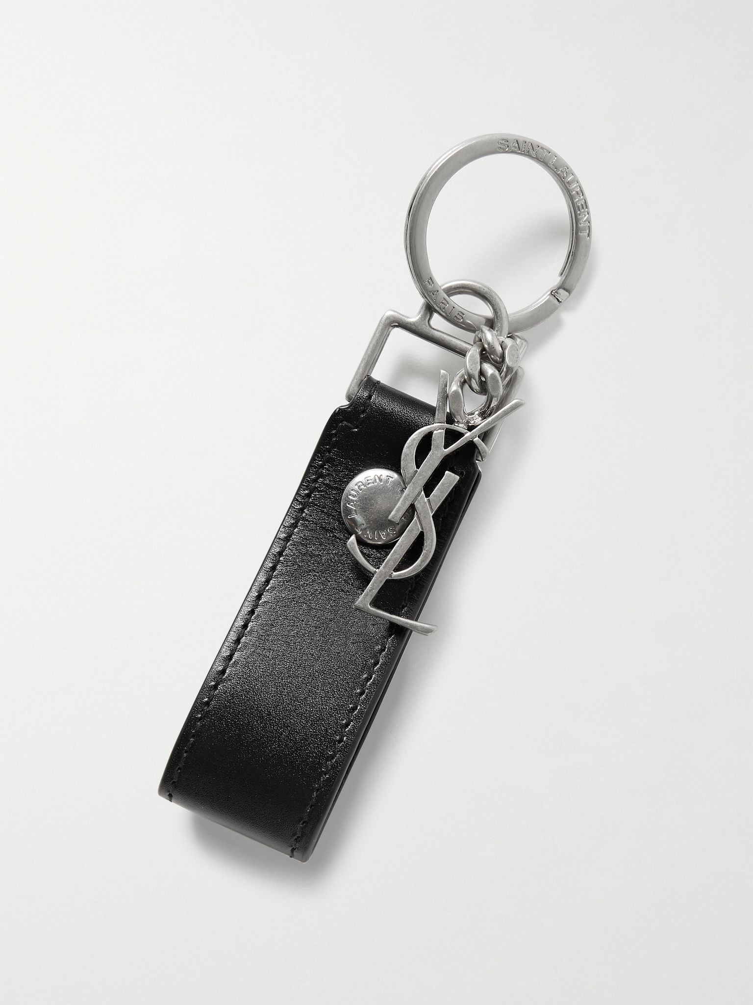 Leather and Burnished Silver-Tone Key Fob Black - 1