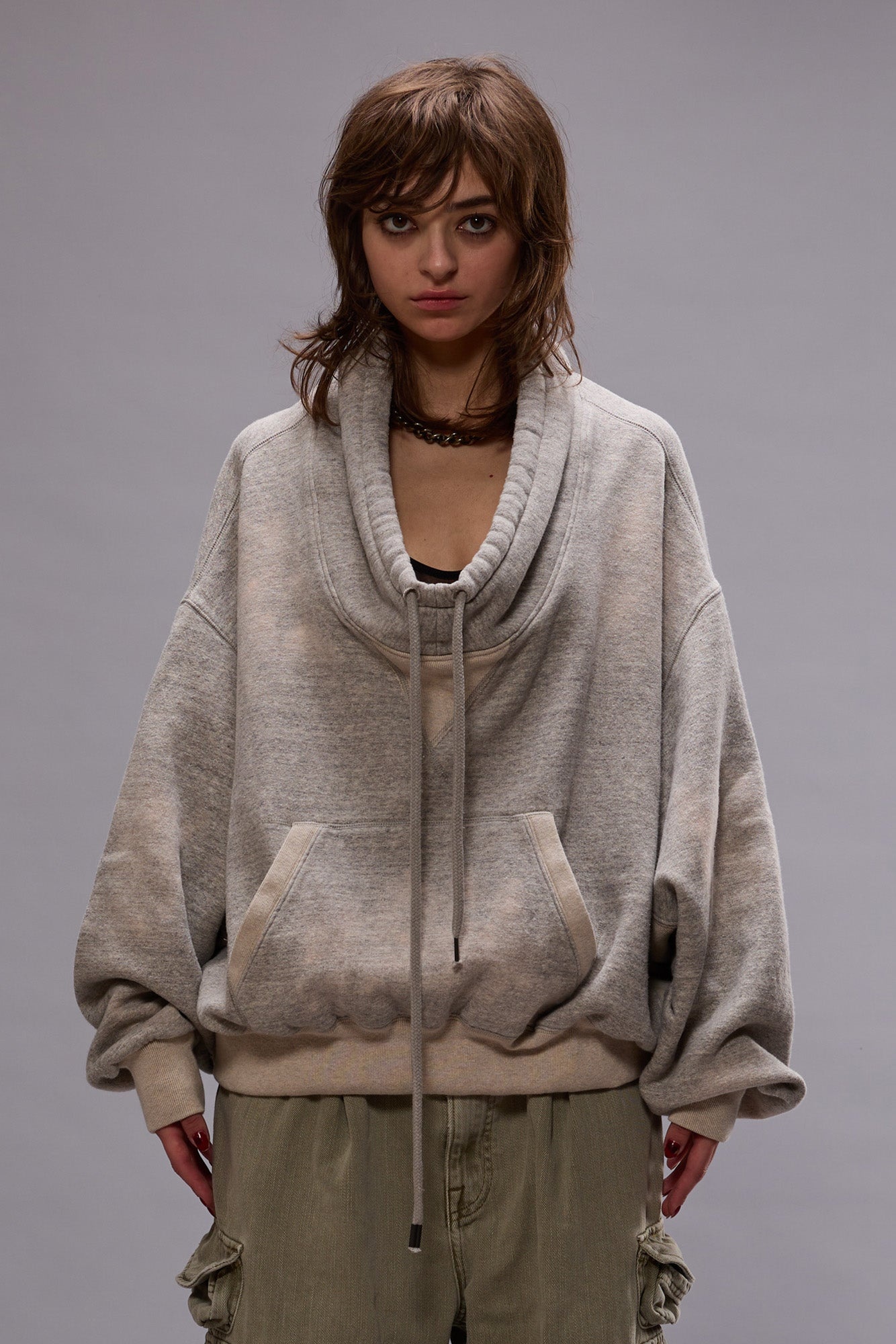 FUNNEL NECK CROPPED POPOVER - HEATHER GREY - 2