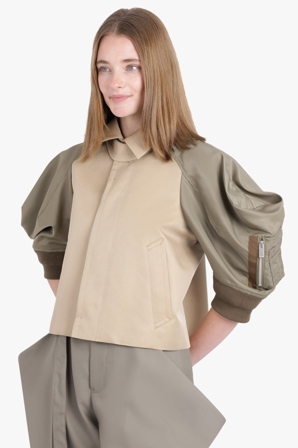 CONTRAST JACKET WITH EXAGGERATED WING SLEEVE | BEIGE/TAUPE - 7