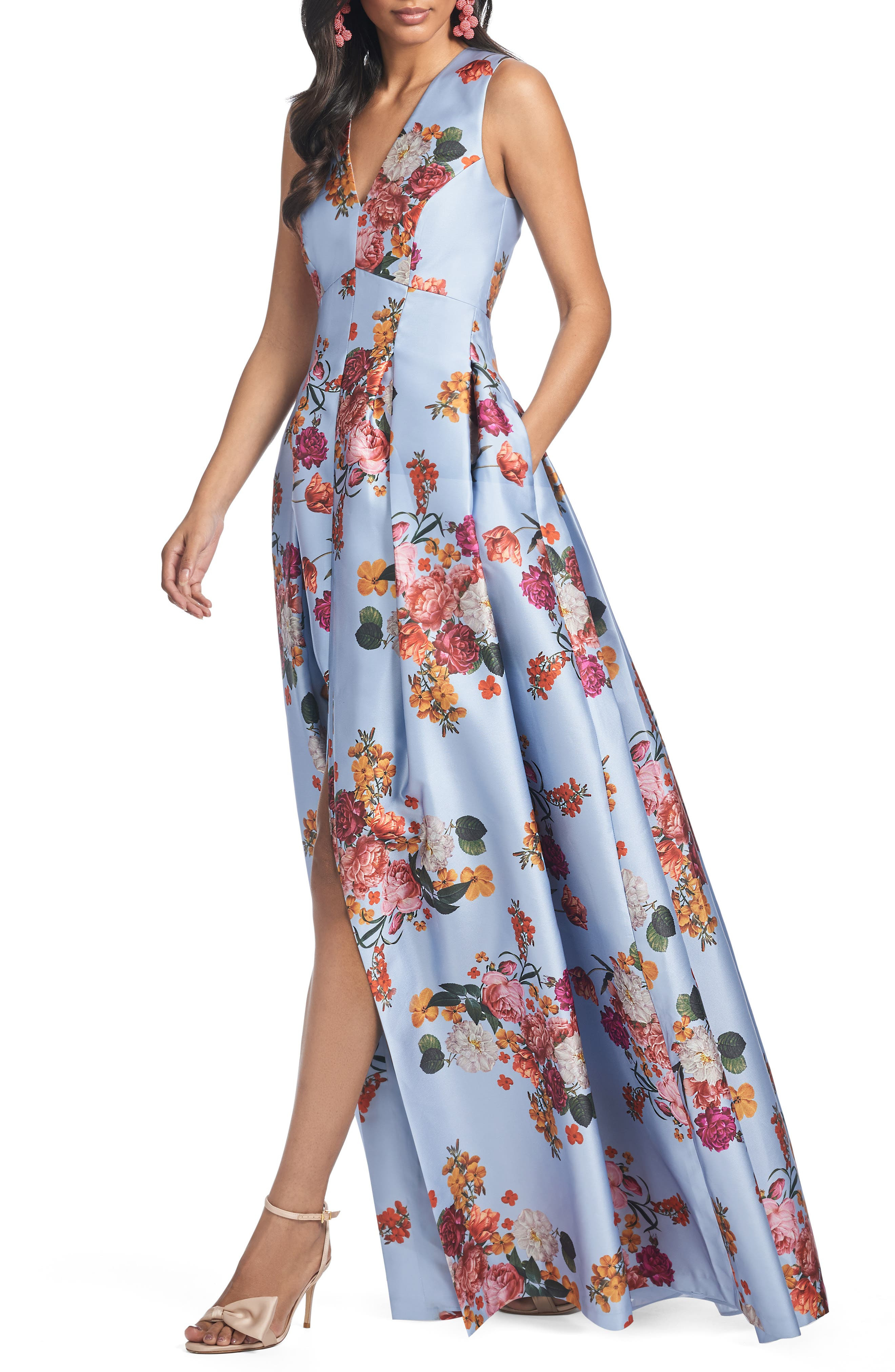 Sachin & Babi Brooke Floral Sleeveless Mikado Gown in Glacial Blue Bright Bouquet at Nordstrom - 3