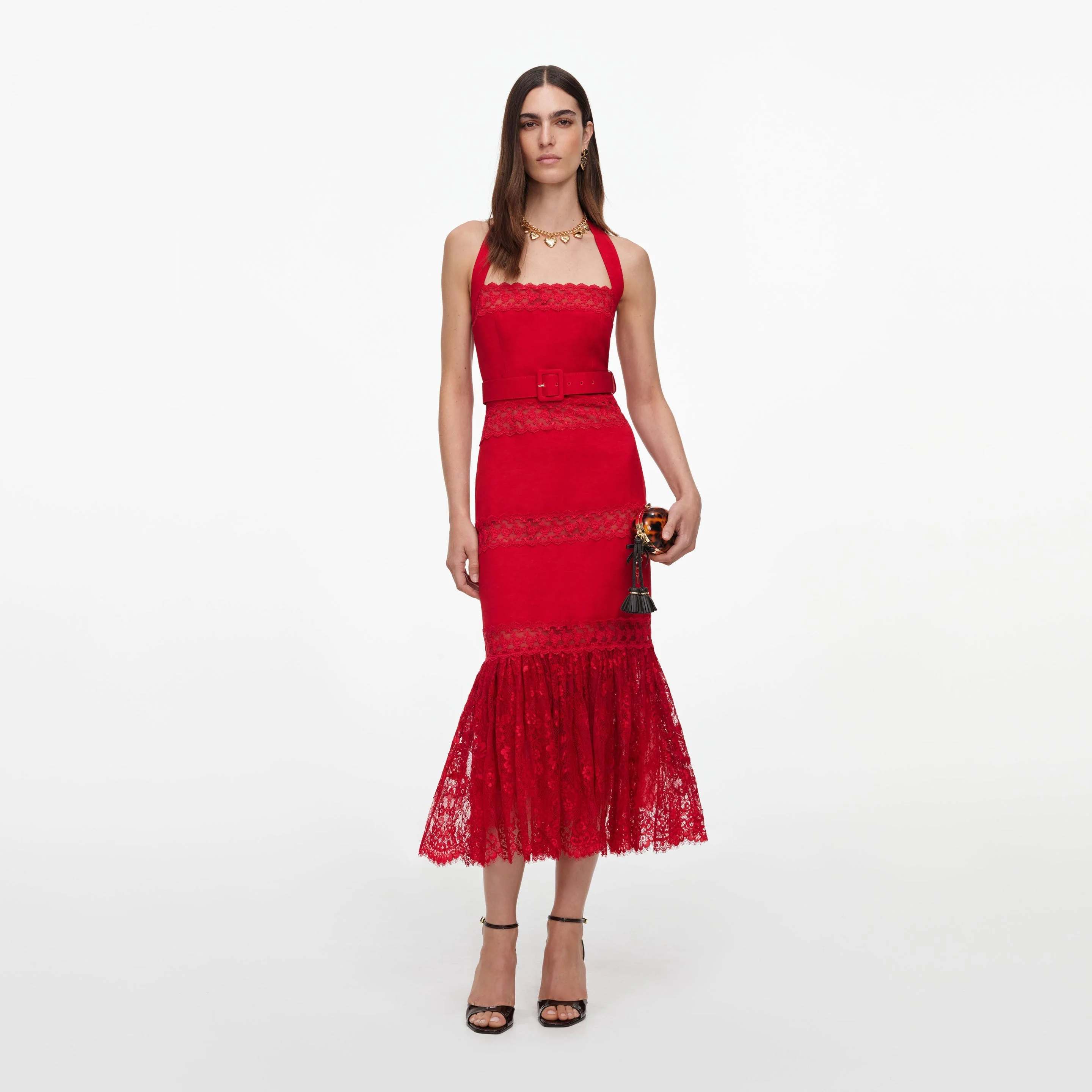 Red Linen Blend Lace Midi Dress - 1