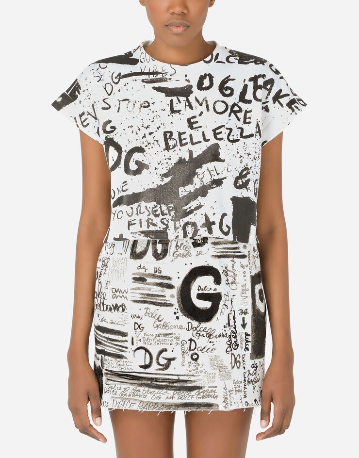 Cropped jersey T-shirt with DG graffiti print - 1