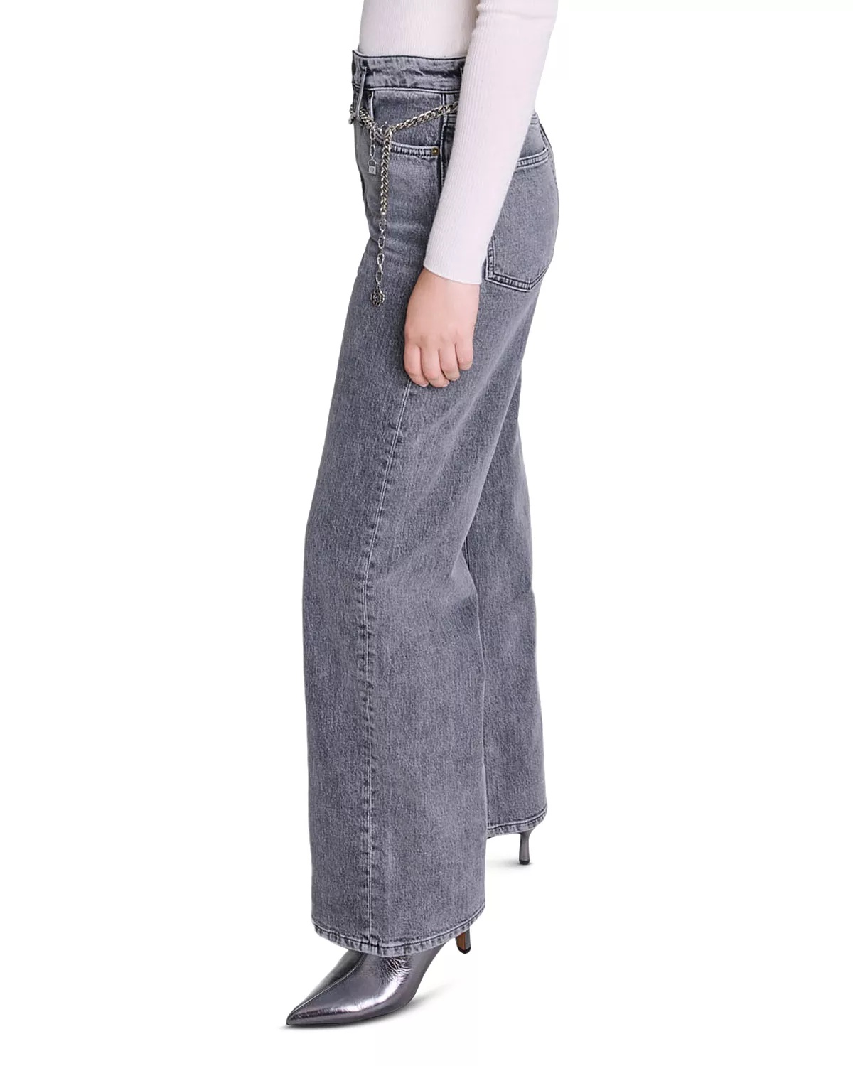 Belted Wide Leg Jeans in Grey - 3