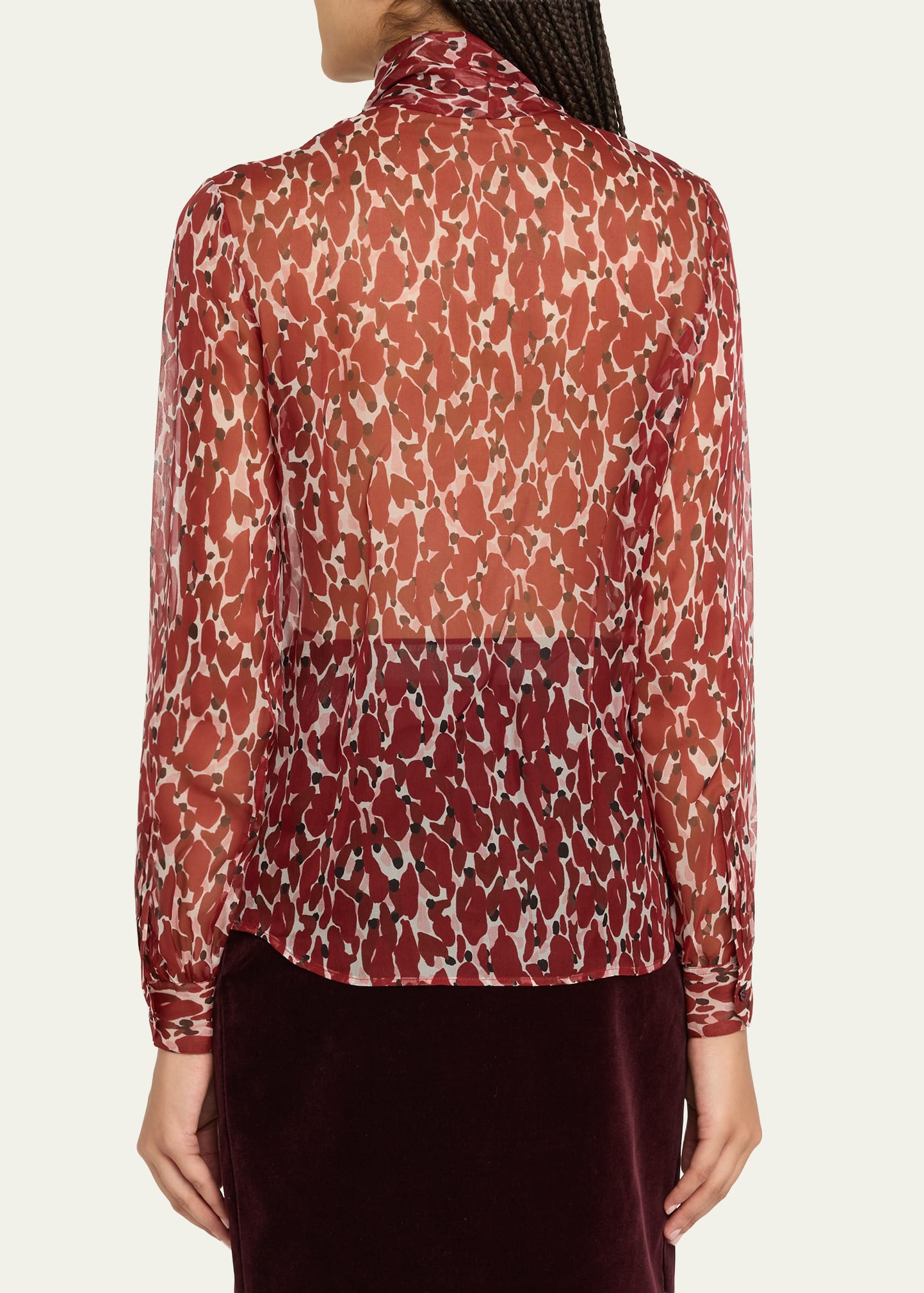 Semi-Sheer Printed Tie Neck Blouse - 3