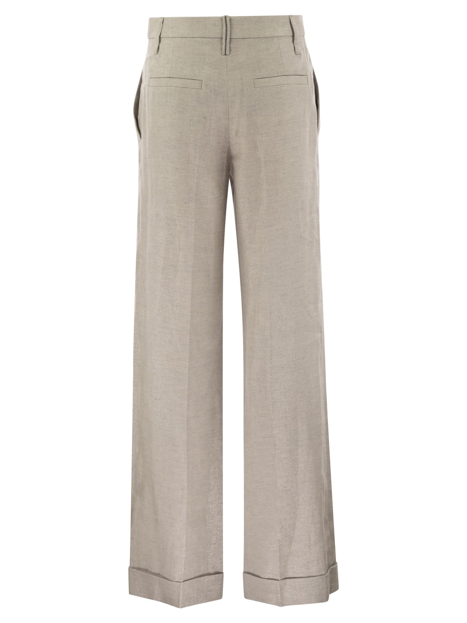 Brunello Cucinelli Women Flared Loose-Fitting Trousers In Sparkling Linen Twill With Necklace - 2