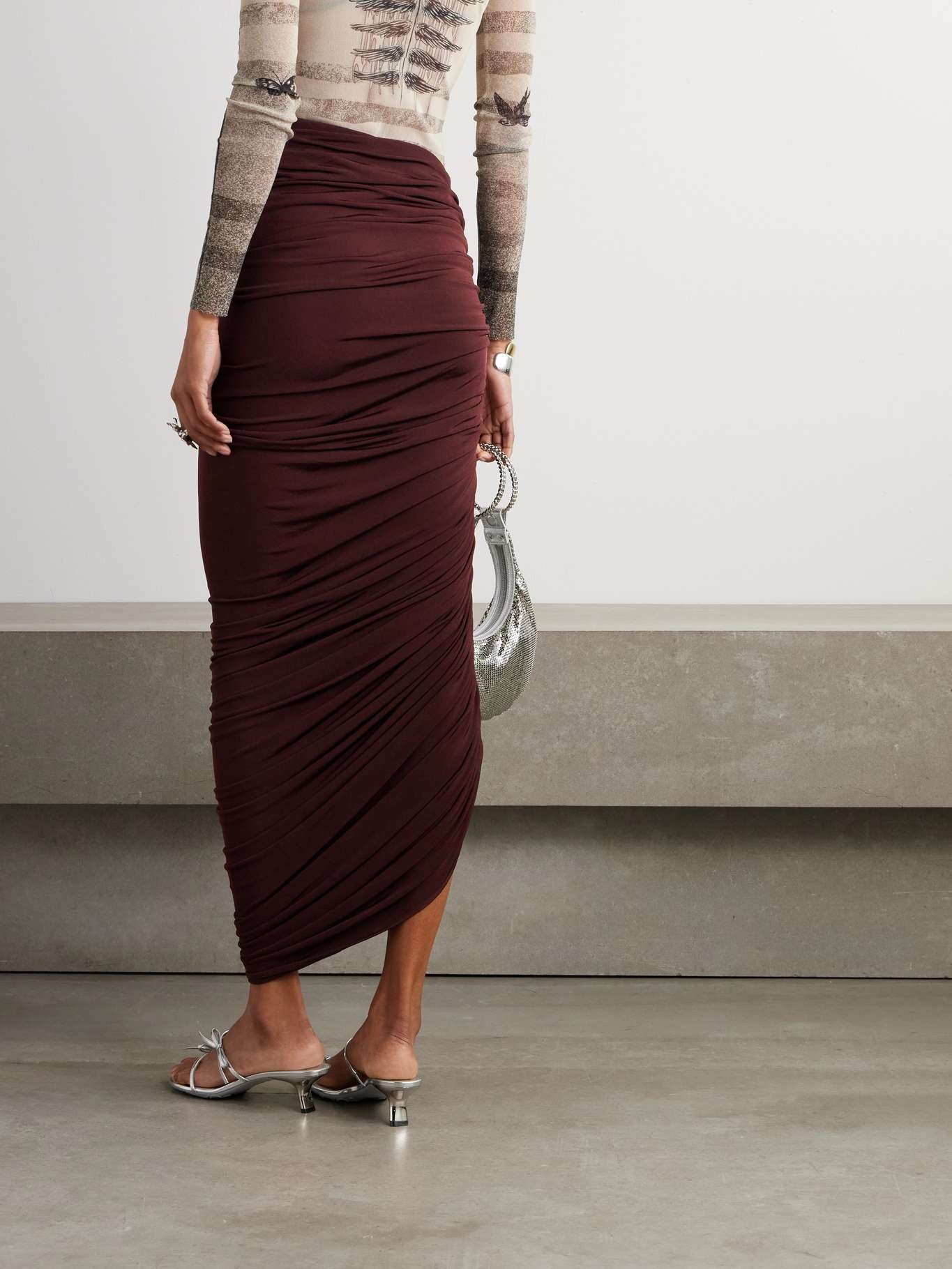 Asymmetric ruched jersey midi skirt Burgundy - 3