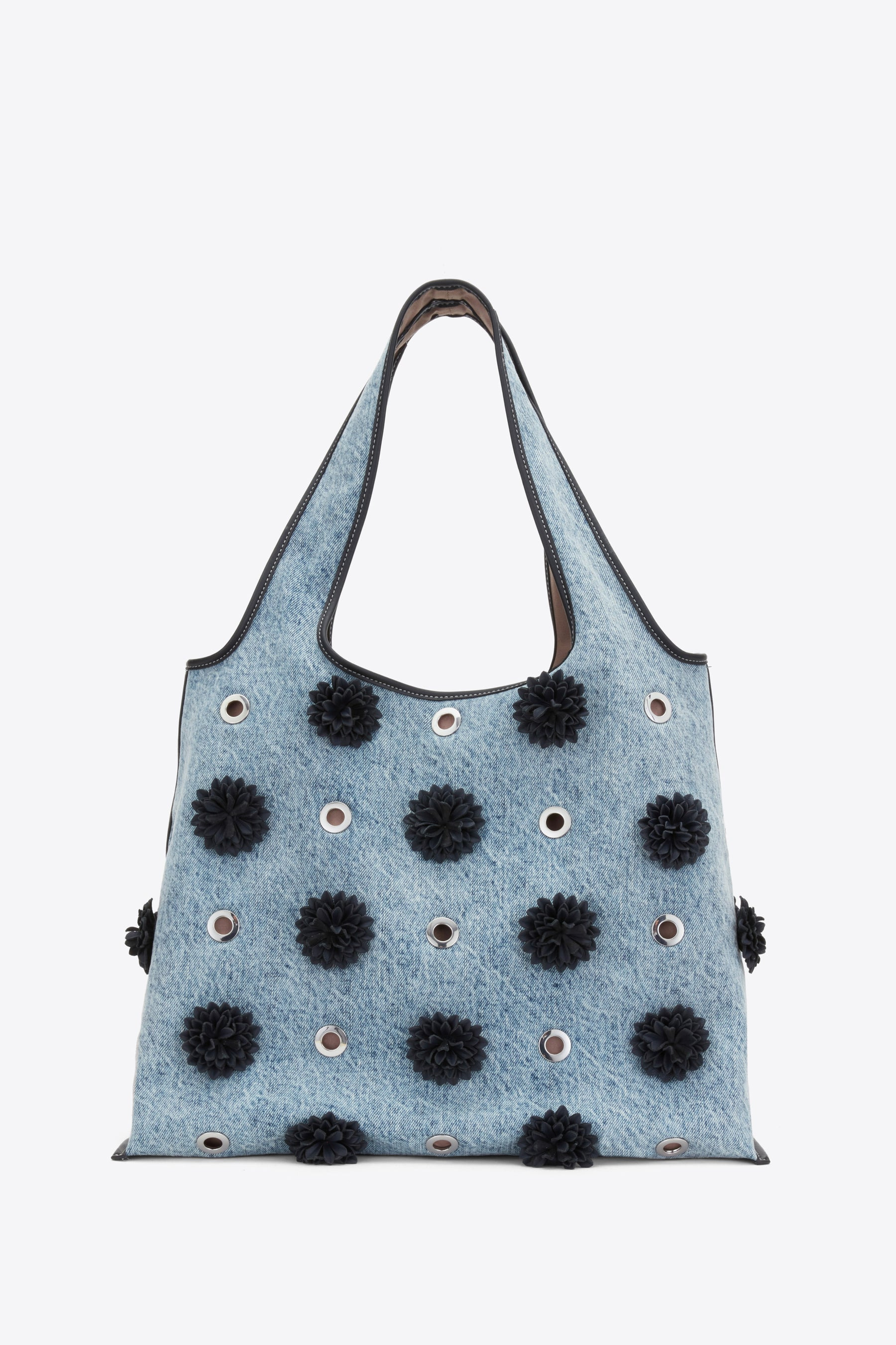 Denim Market Tote with Leather Flowers - 2