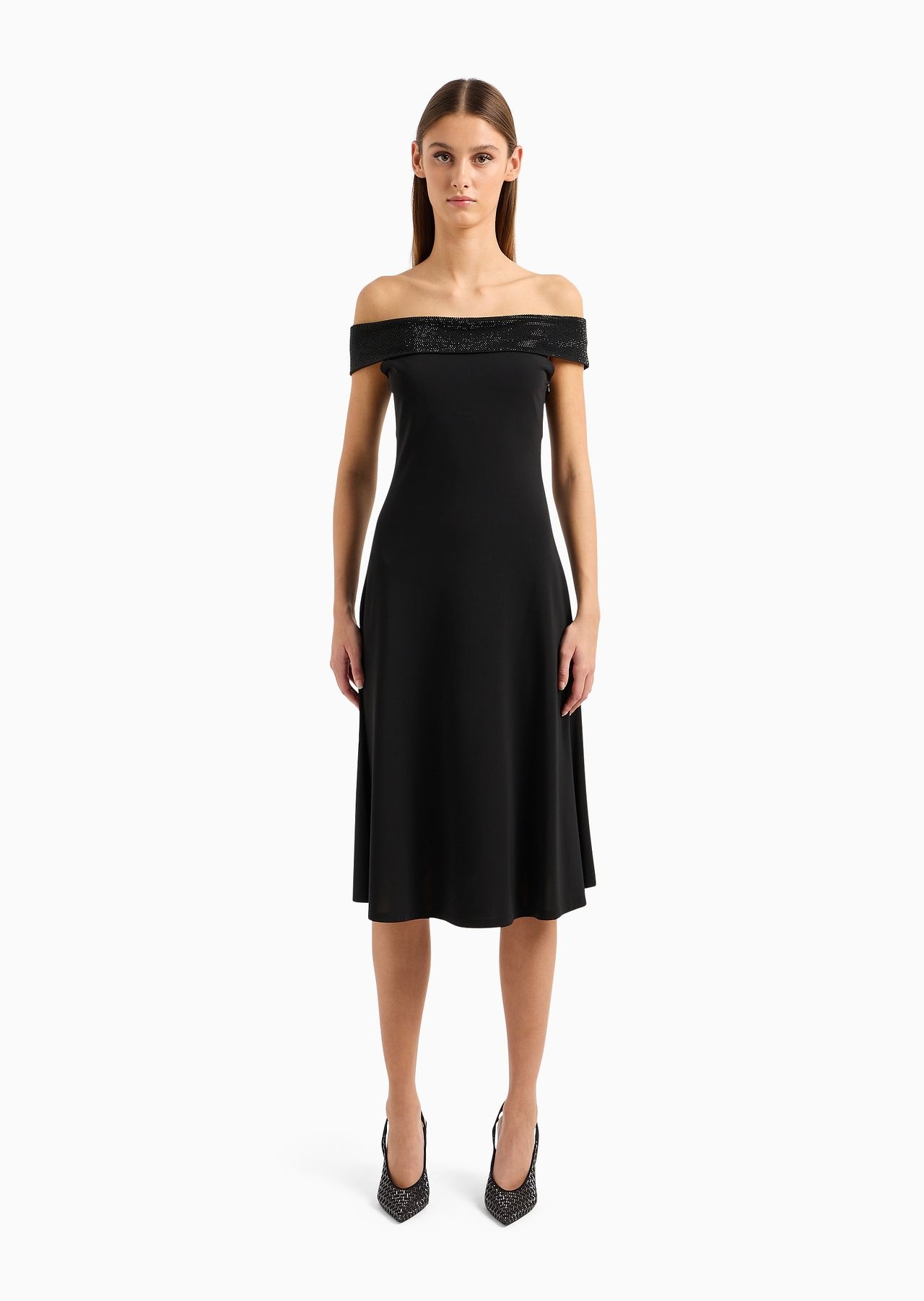 Viscose stretch jersey dress with rhinestone neckline - 2