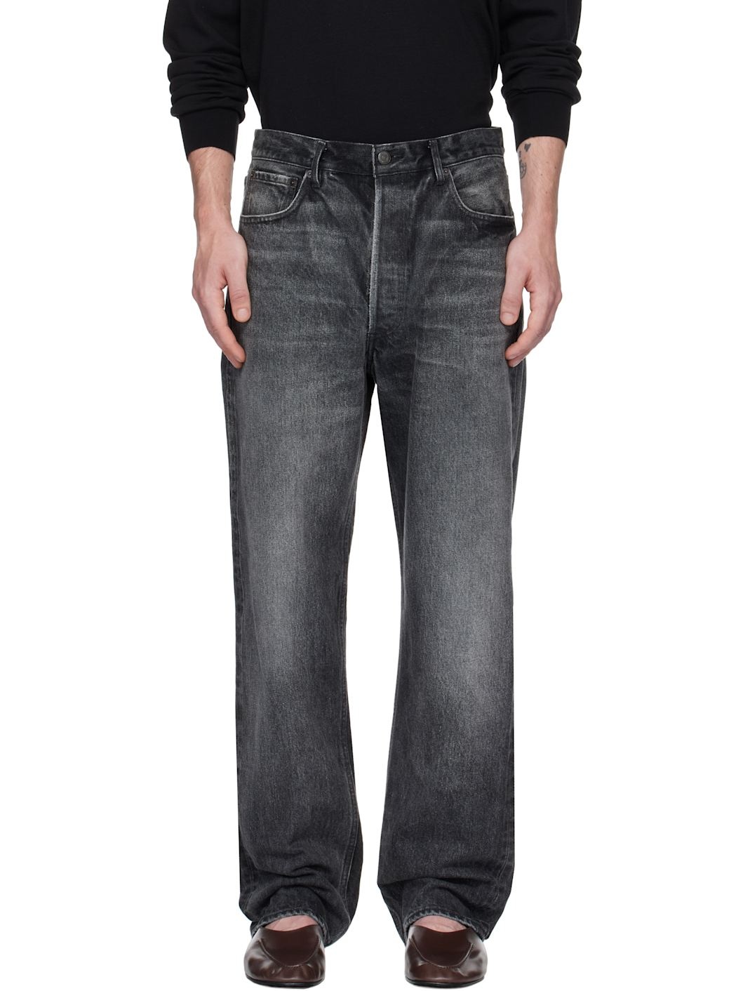 Black Selvedge Faded Heavy Denim Wide Jeans - 1