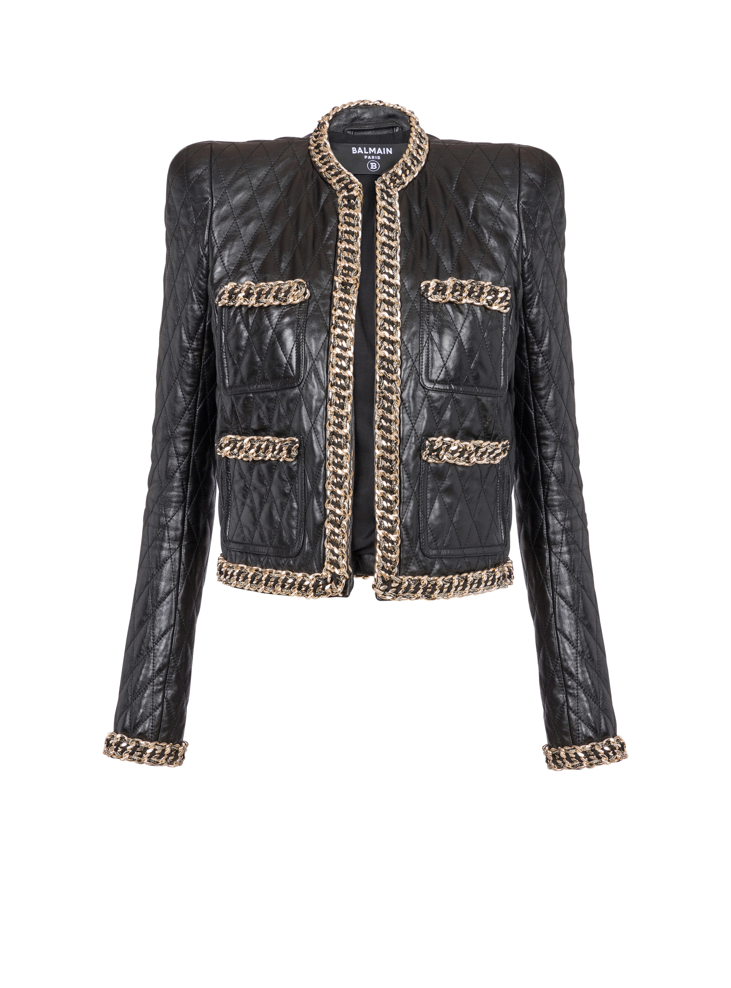 Quilted leather jacket with chains