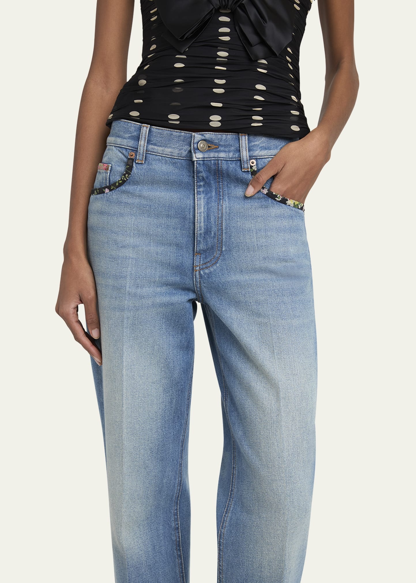 Floral-Print Trim Straight-Leg Denim Jeans - 5