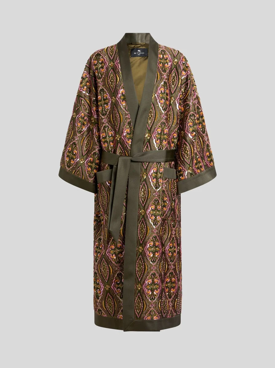 KIMONO COAT WITH BEADS AND FLORAL MEDALLION EMBROIDERY - 1