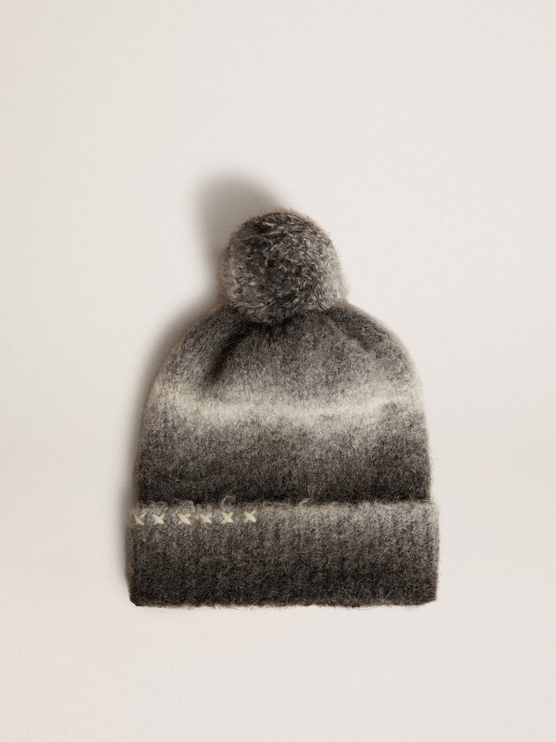 Black and white wool beanie with pompom 1