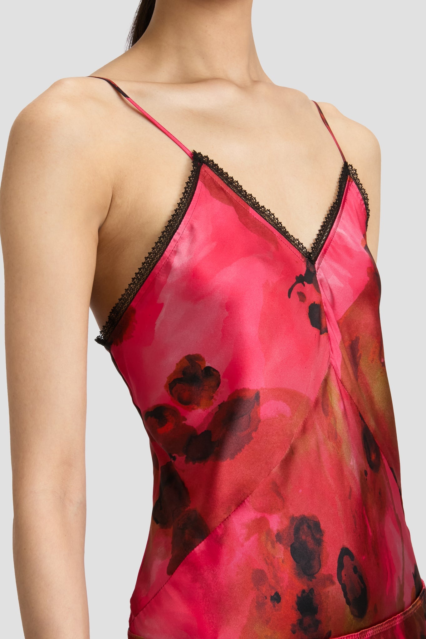Lace Detail Cami Top In Raspberry Floral Print - 3