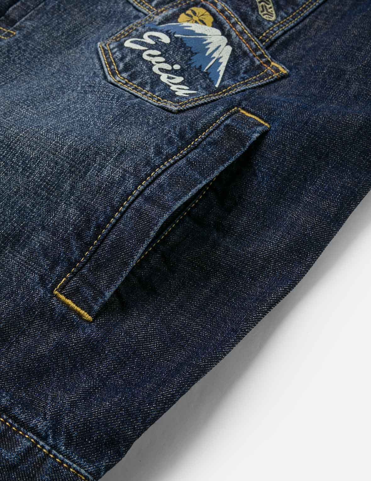 Washed Multi-Pocket with Lion Dance Print Relax Fit Denim Jacket - 13