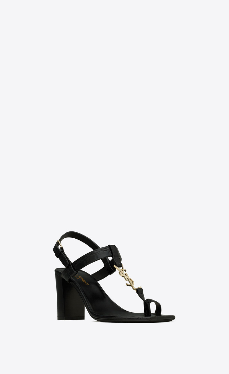 cassandra heeled sandals in crocodile-embossed leather with gold-tone monogram - 1
