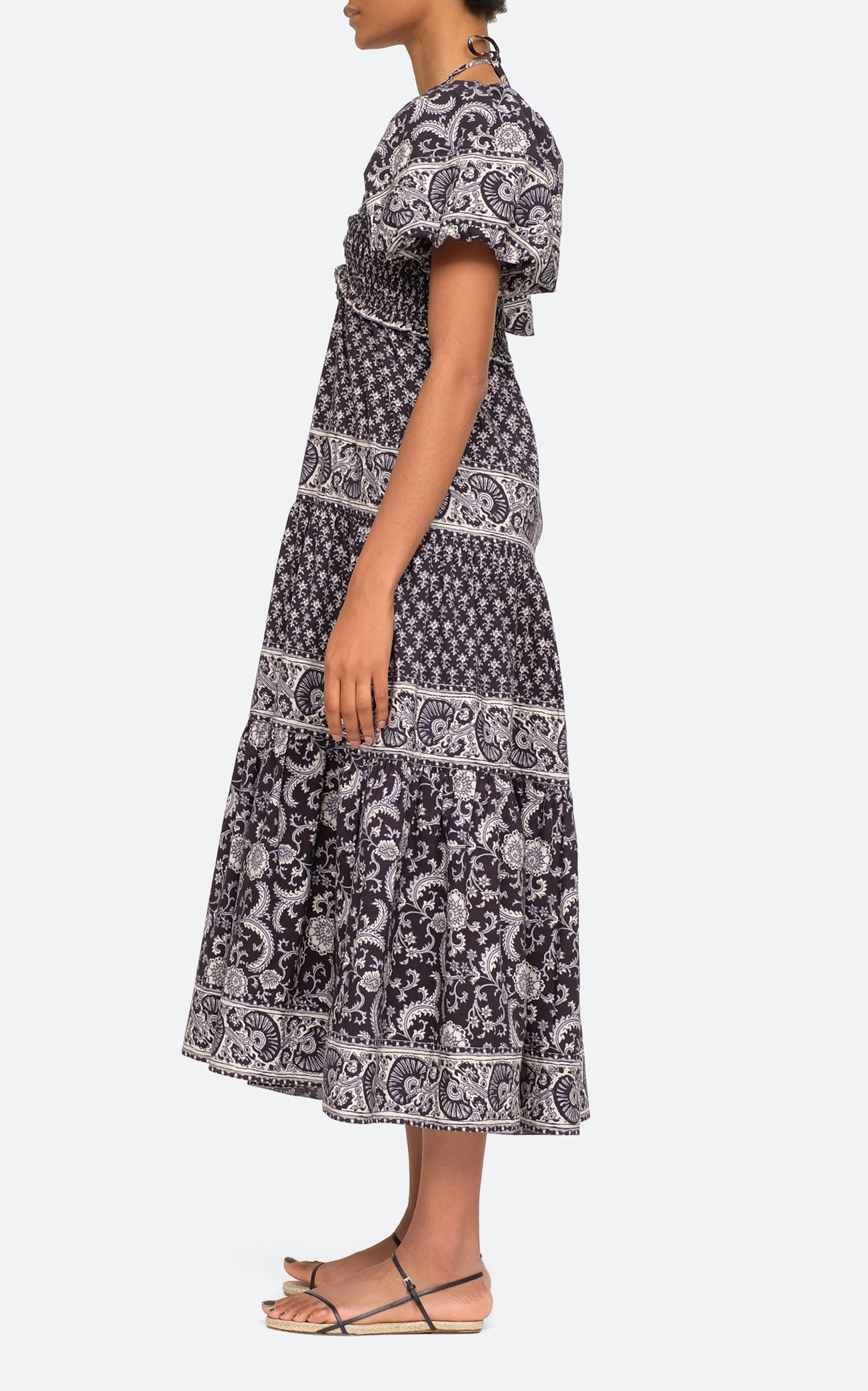 Jasper Border Puff-Sleeve Cotton Midi Dress print - 2