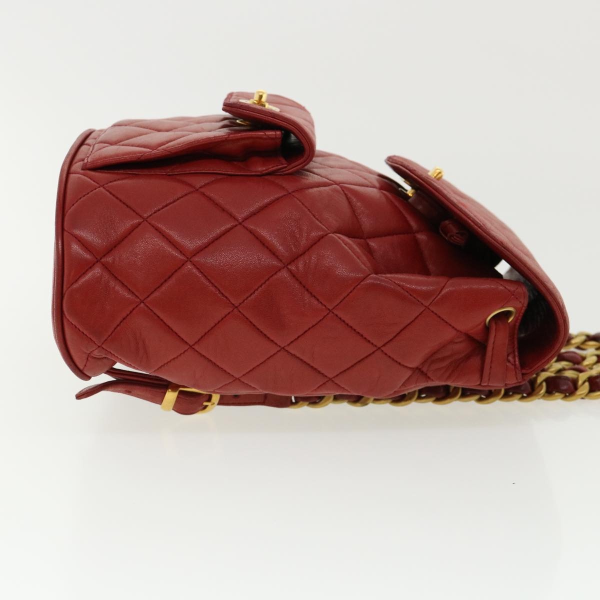 CHANEL Matelasse Chain Hand Bag Lamb Skin Red CC - 3