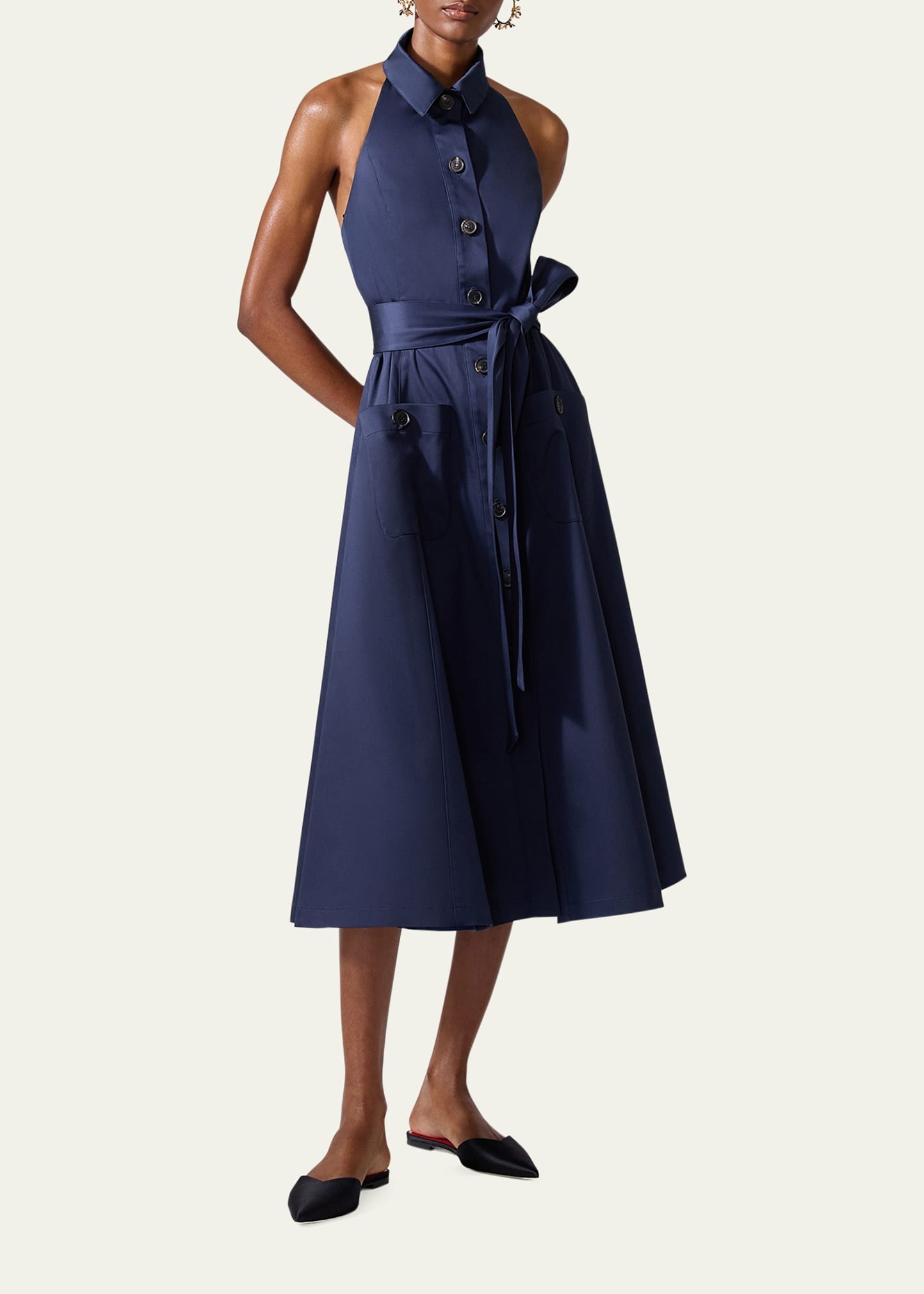 Collared Button-Front Halter Midi Dress - 2