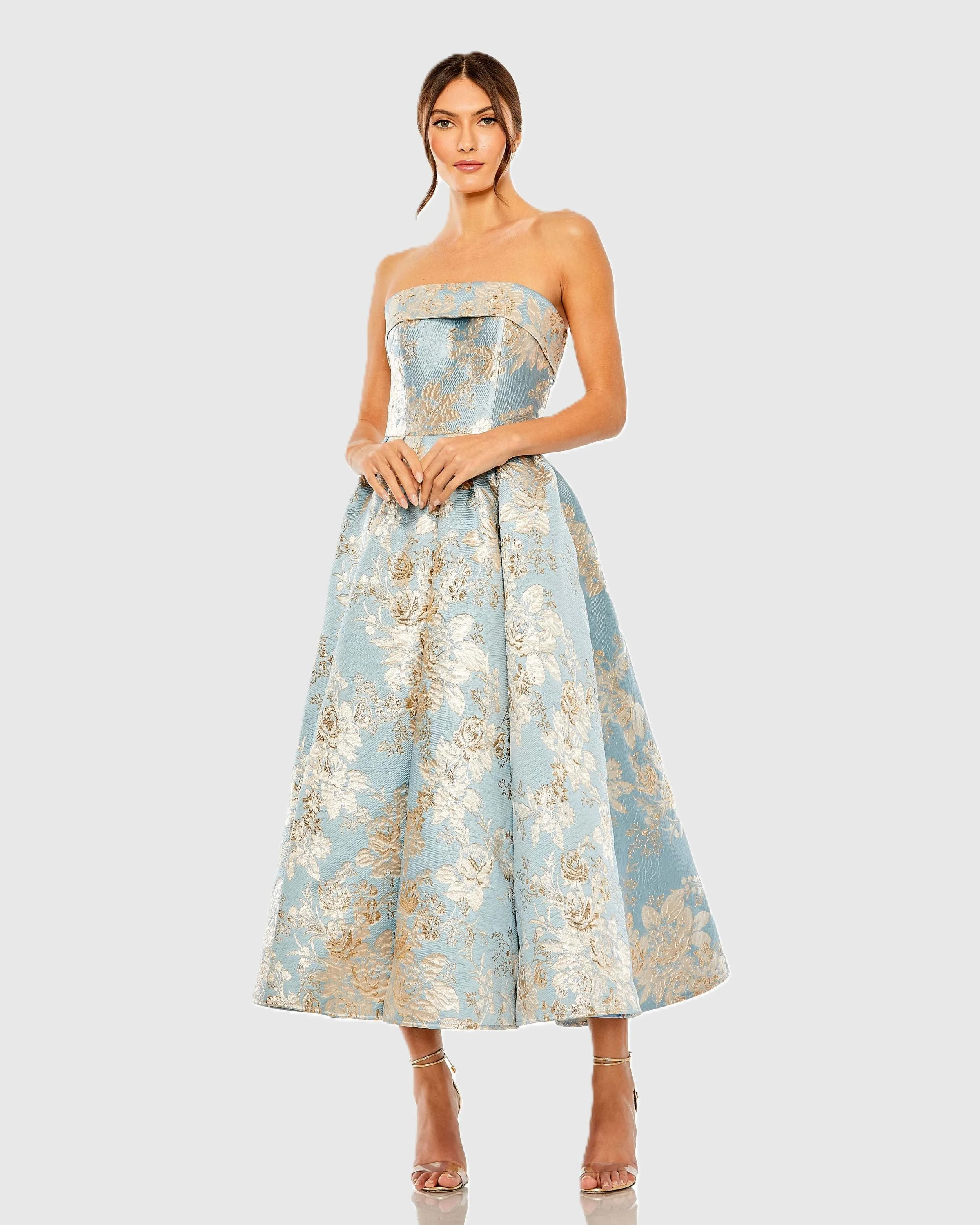 Light Blue Strapless Brocade Midi Dress With Pockets - 1