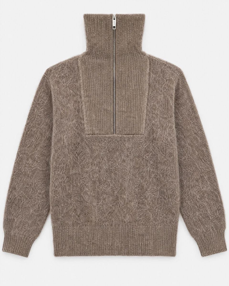 BROWN MOHAIR-BLEND SWEATER WITH A TRUCKER COLLAR - 1